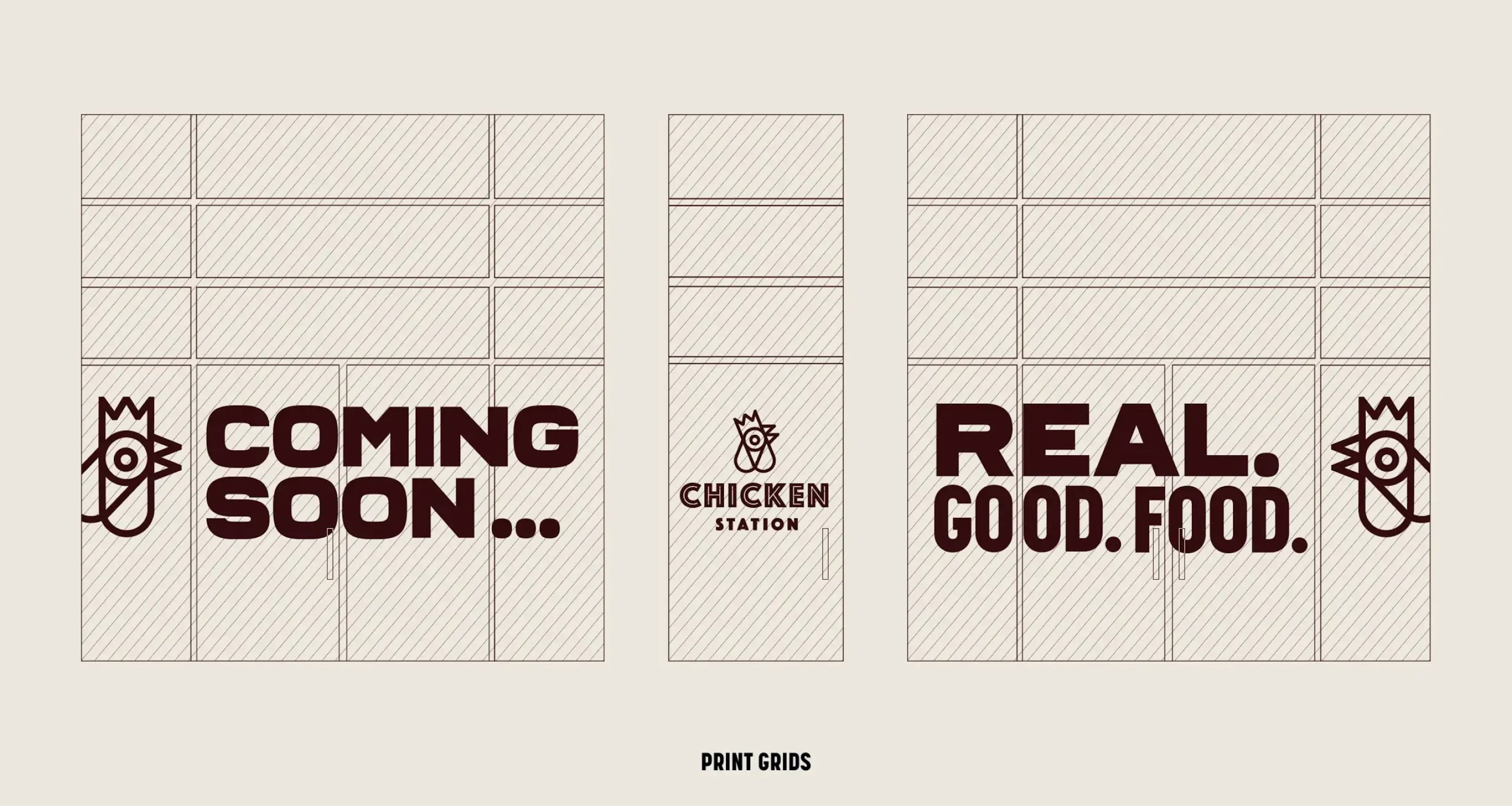 Print grid mockups of Chicken Station storefront graphics