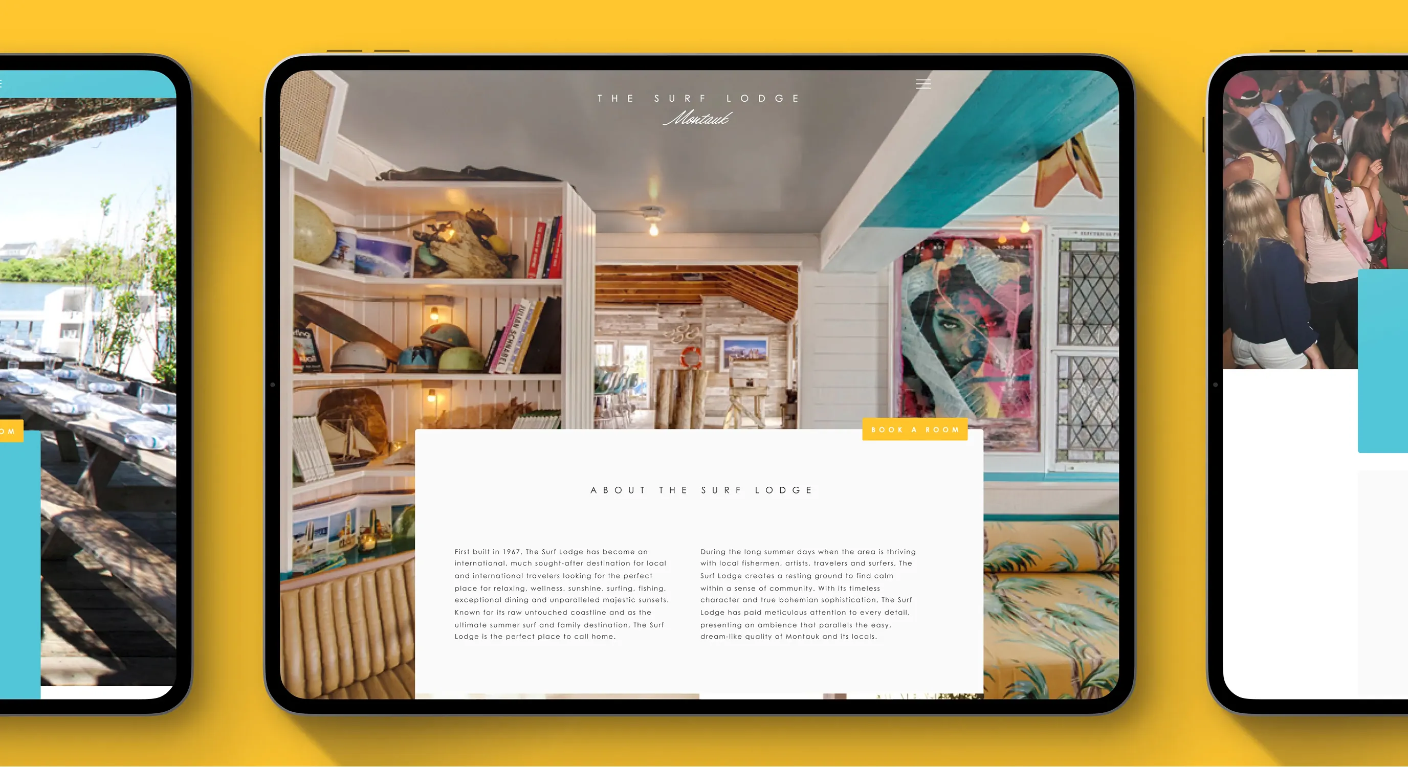 Three tablets displaying The Surf Lodge website on a yellow background