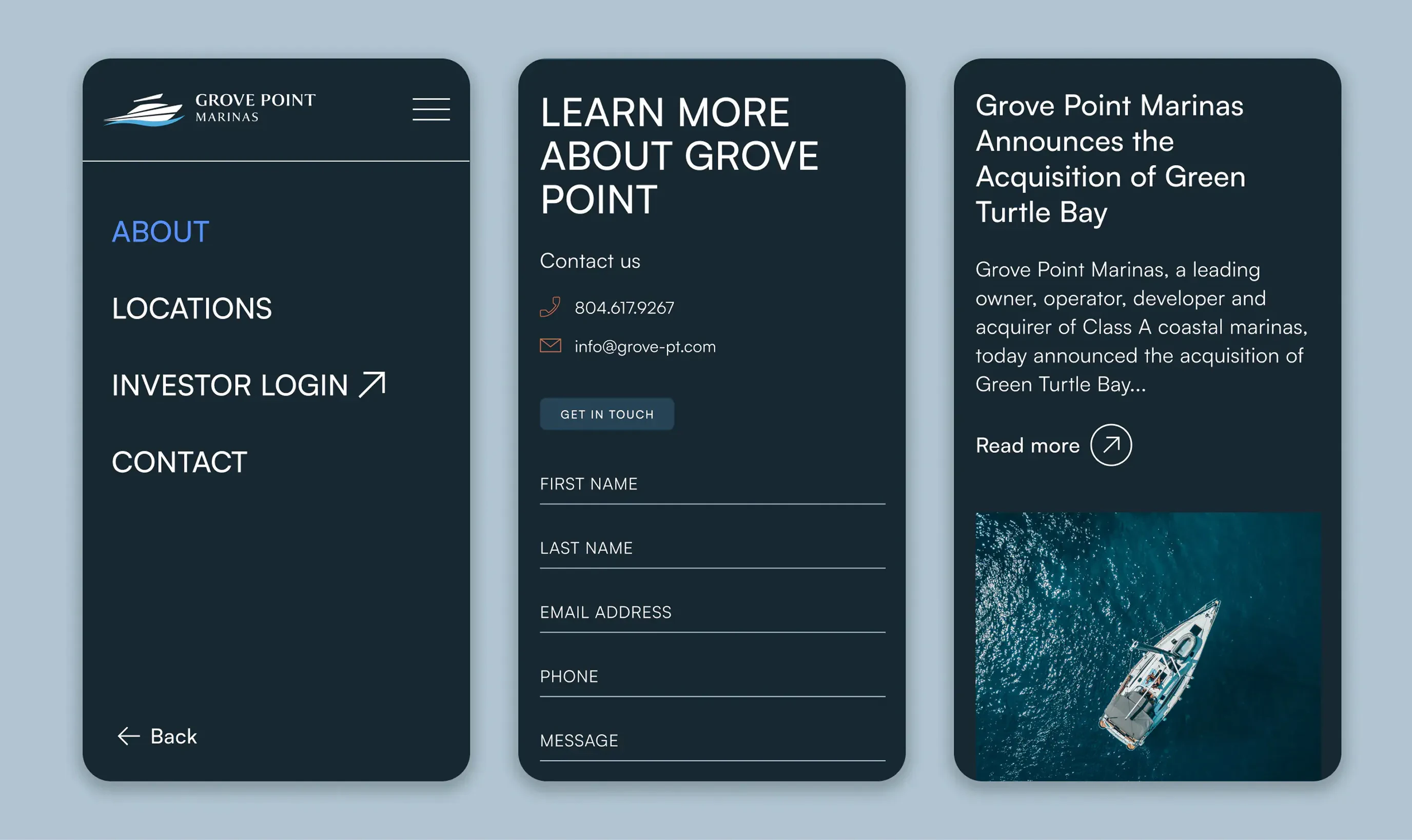 Three Grove Point Marinas website mockups on mobile