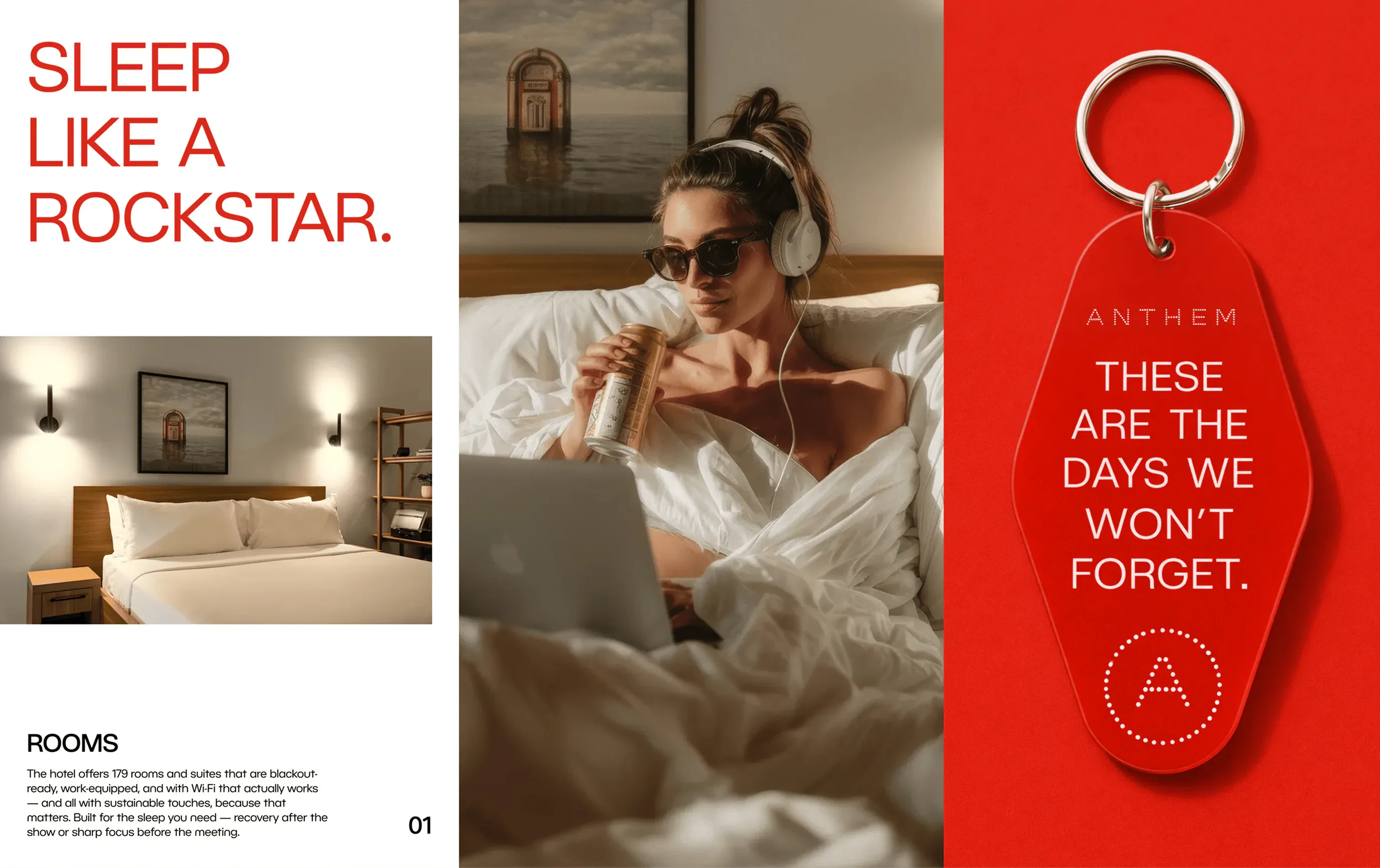 Hotel room text page, woman on bed, and red keytag