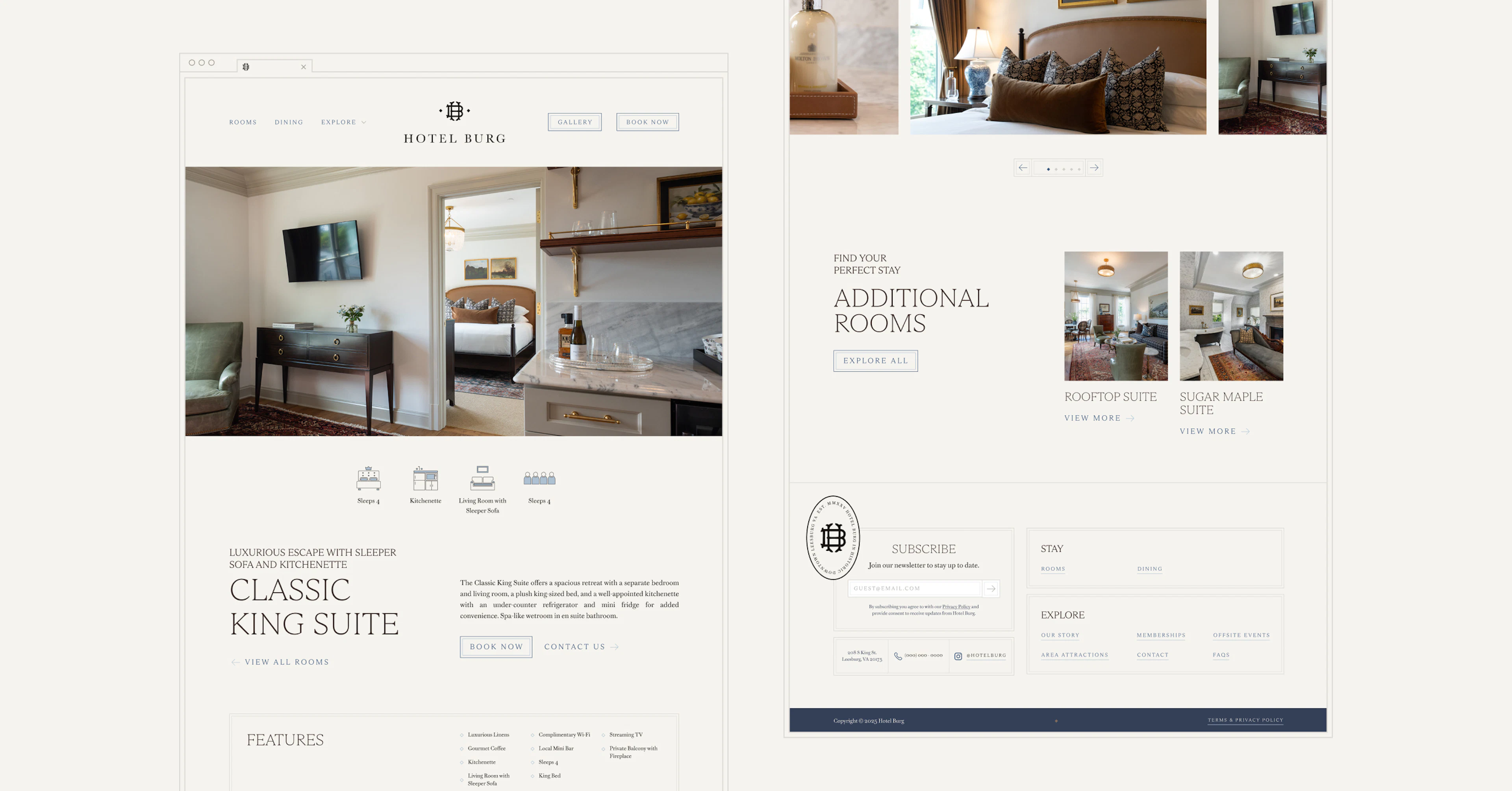 Hotel Burg website room detail and additional rooms pages mockup