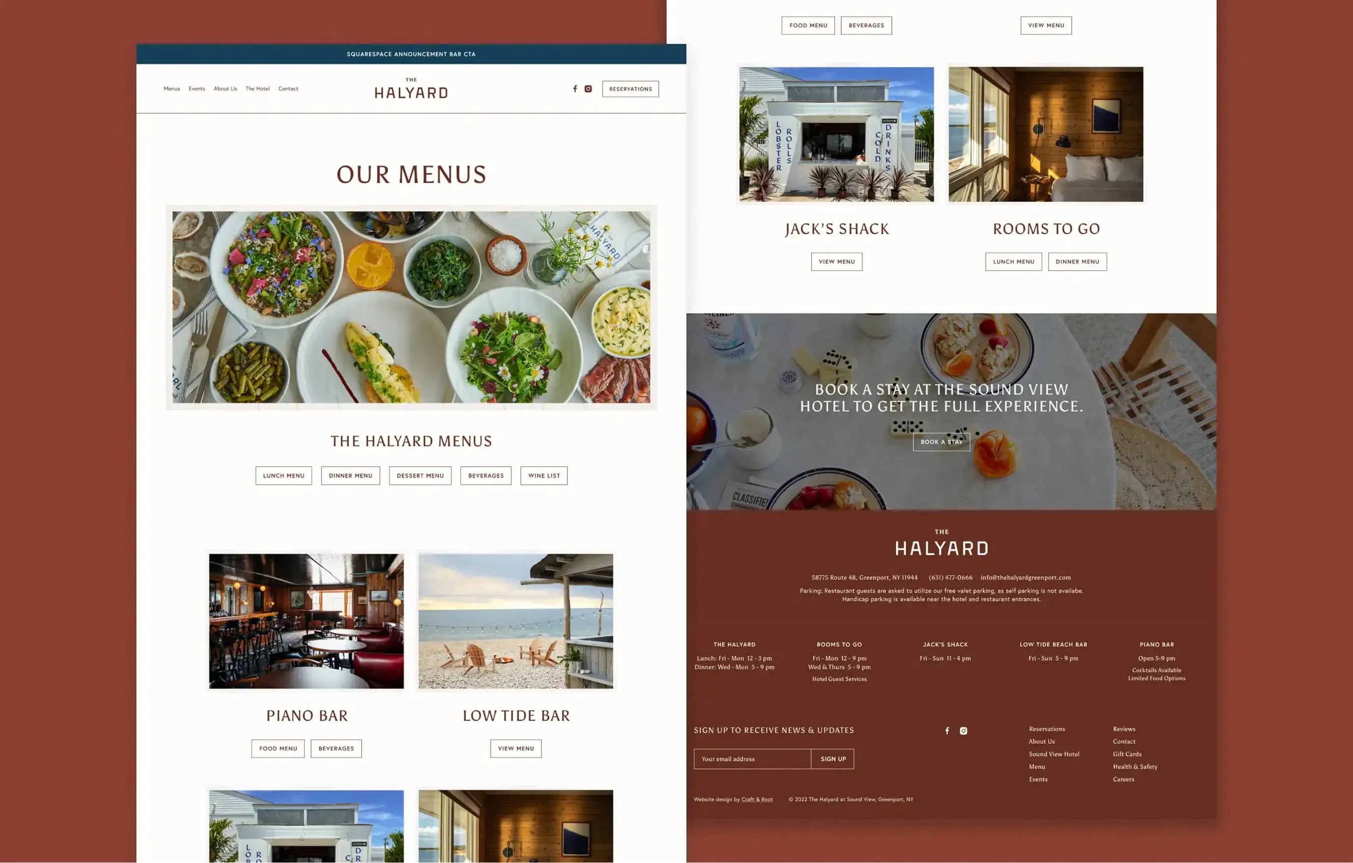 Two phone mockups of Halyard website menu and rooms pages