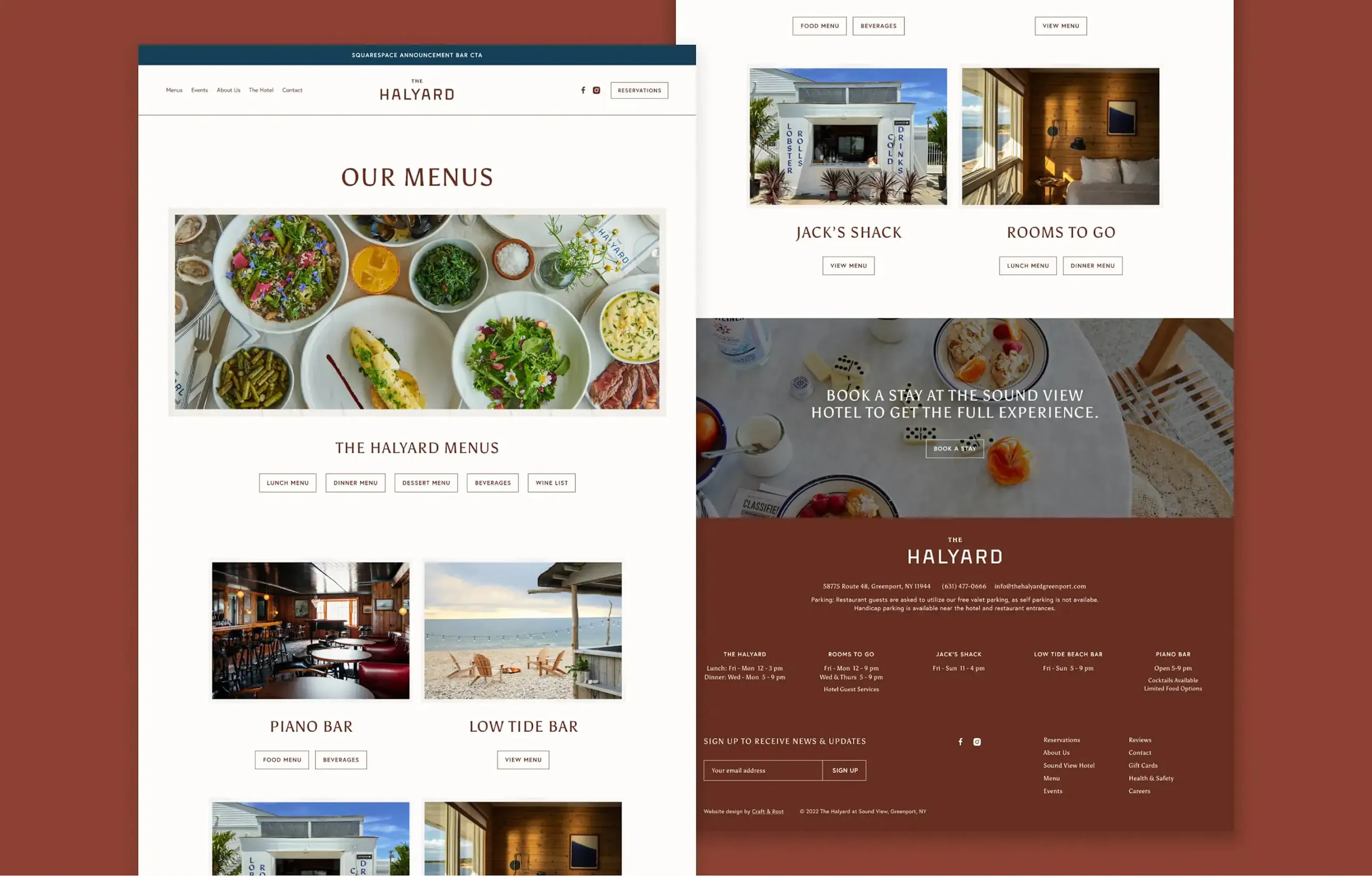 Two phone mockups of Halyard website menu and rooms pages