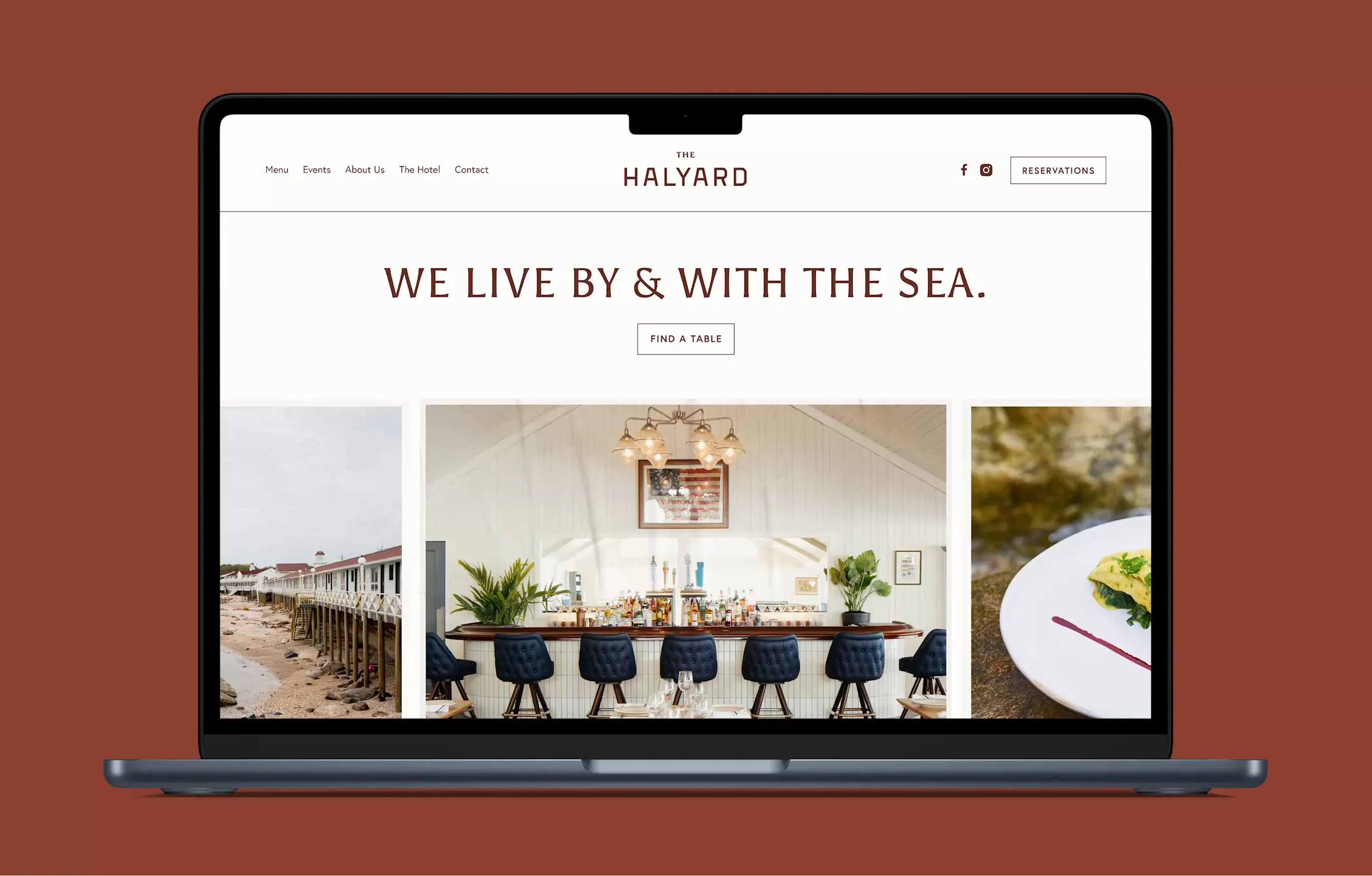 Laptop mockup of Halyard website homepage with dining and beach photos