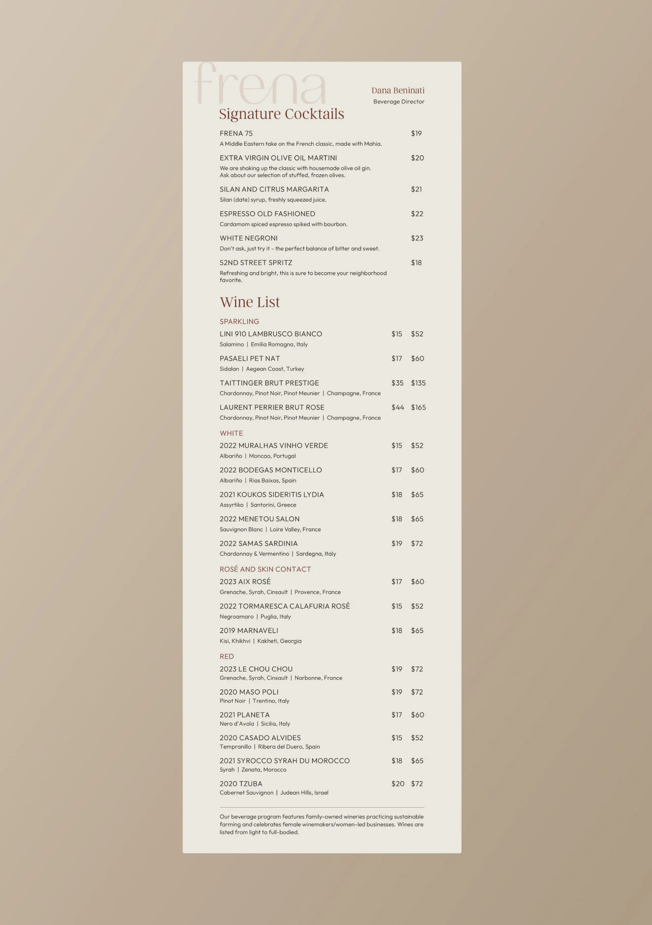 Frena cocktail and wine list on a table