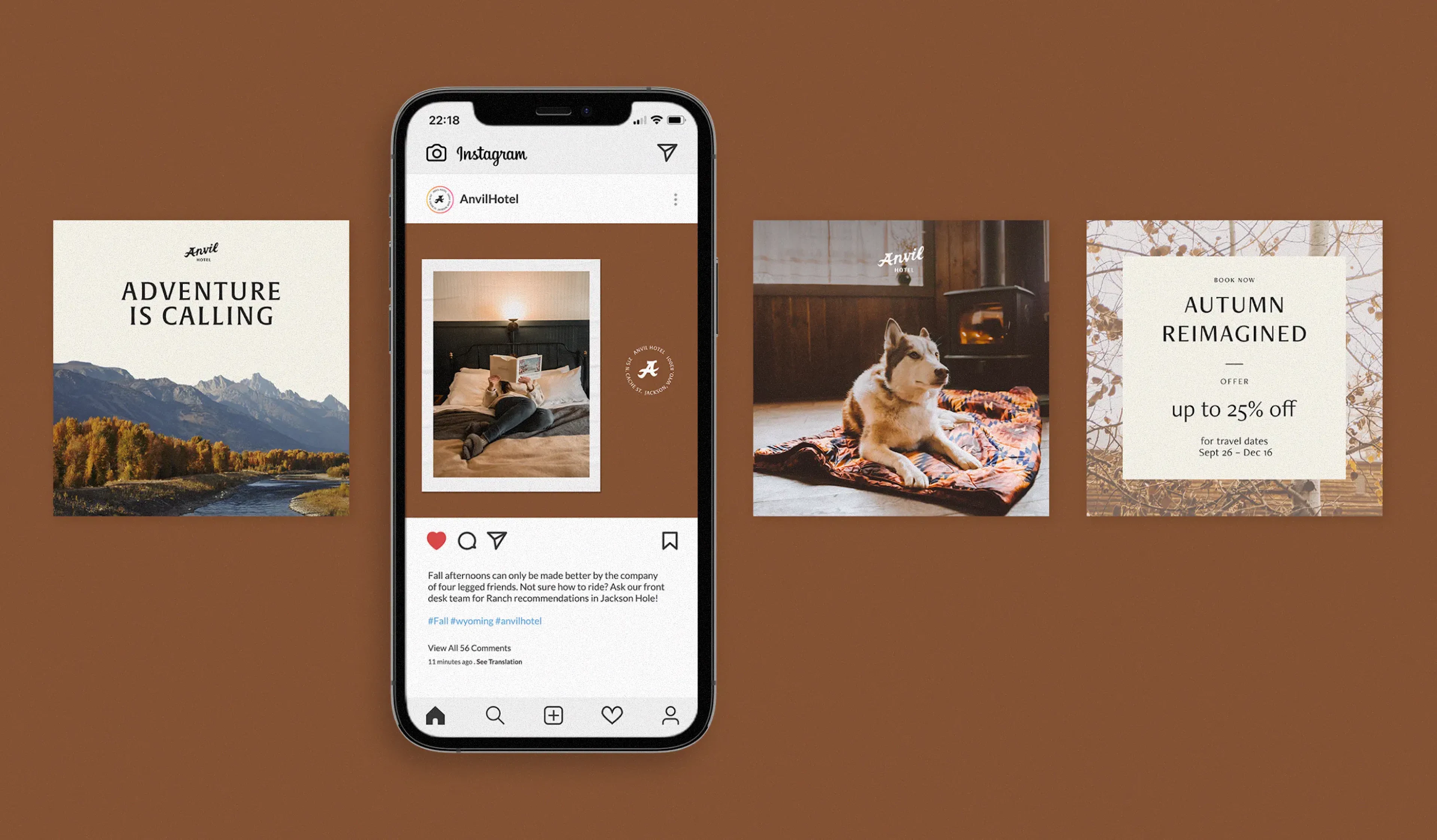 Anvil Hotel Instagram post mockups on a brown background