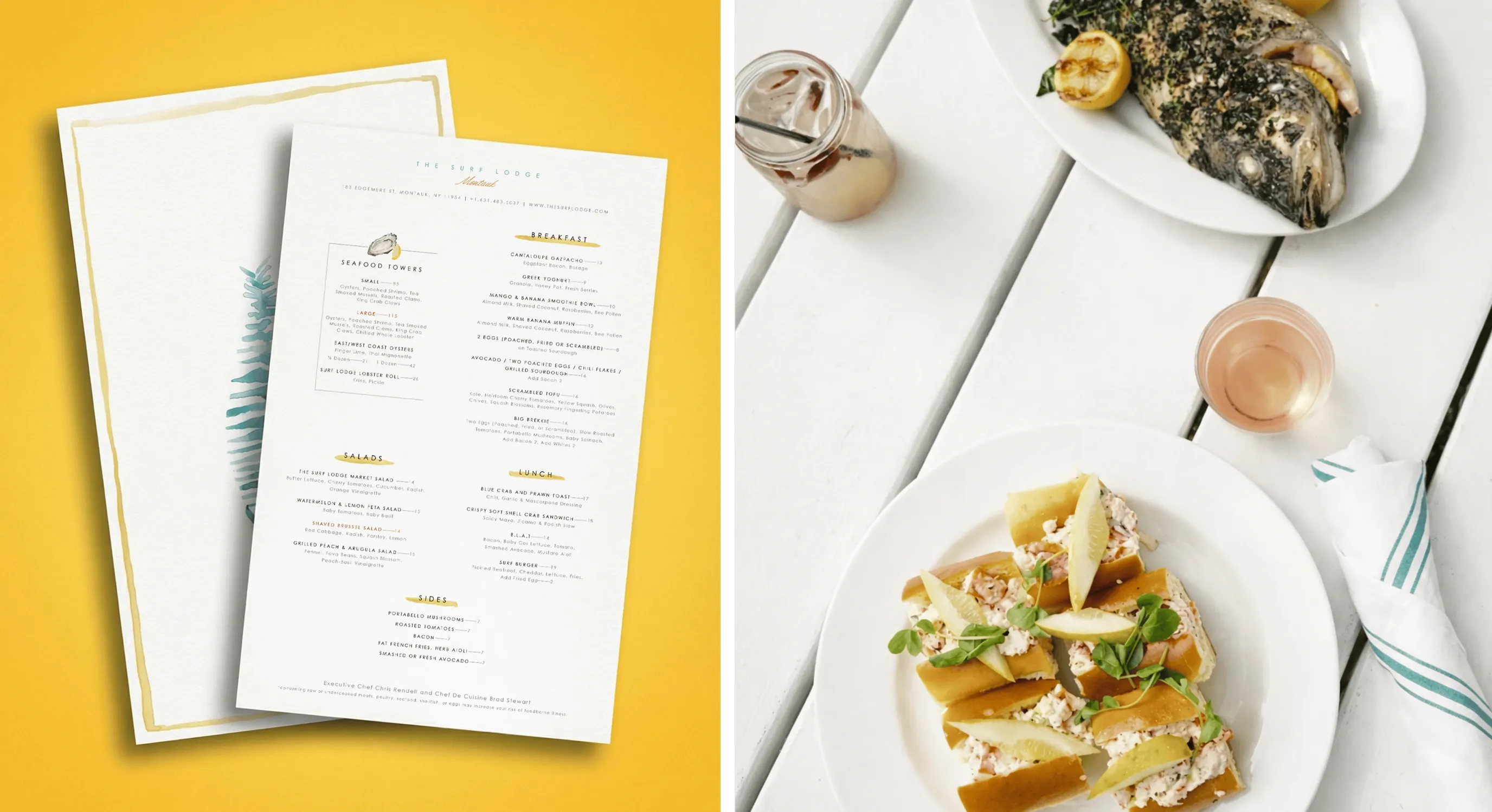 Menus on a yellow background beside plated seafood and cocktails