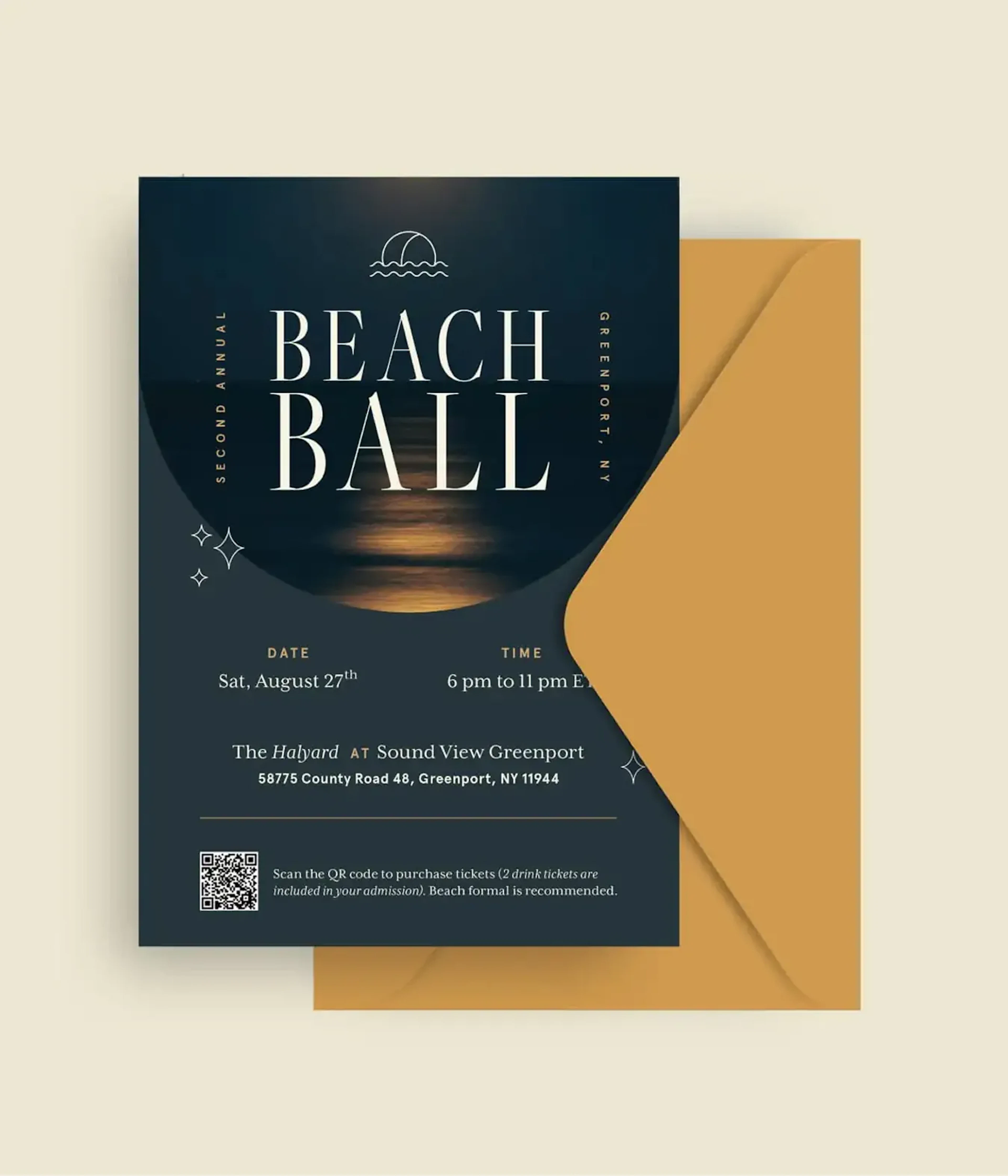Beach Ball invitation card with a mustard yellow envelope