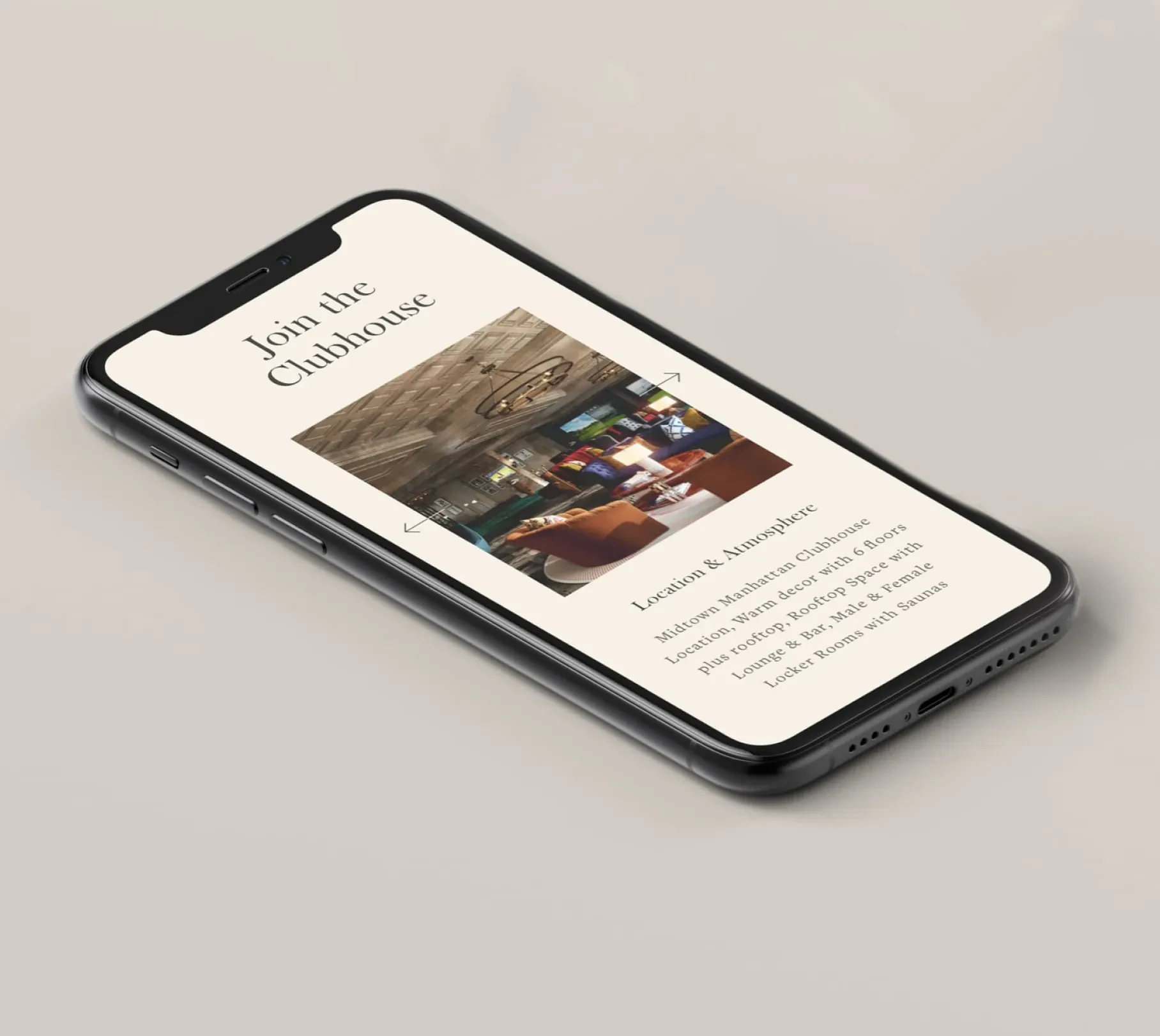 Phone mockup showing MGSC clubhouse page with lounge photo