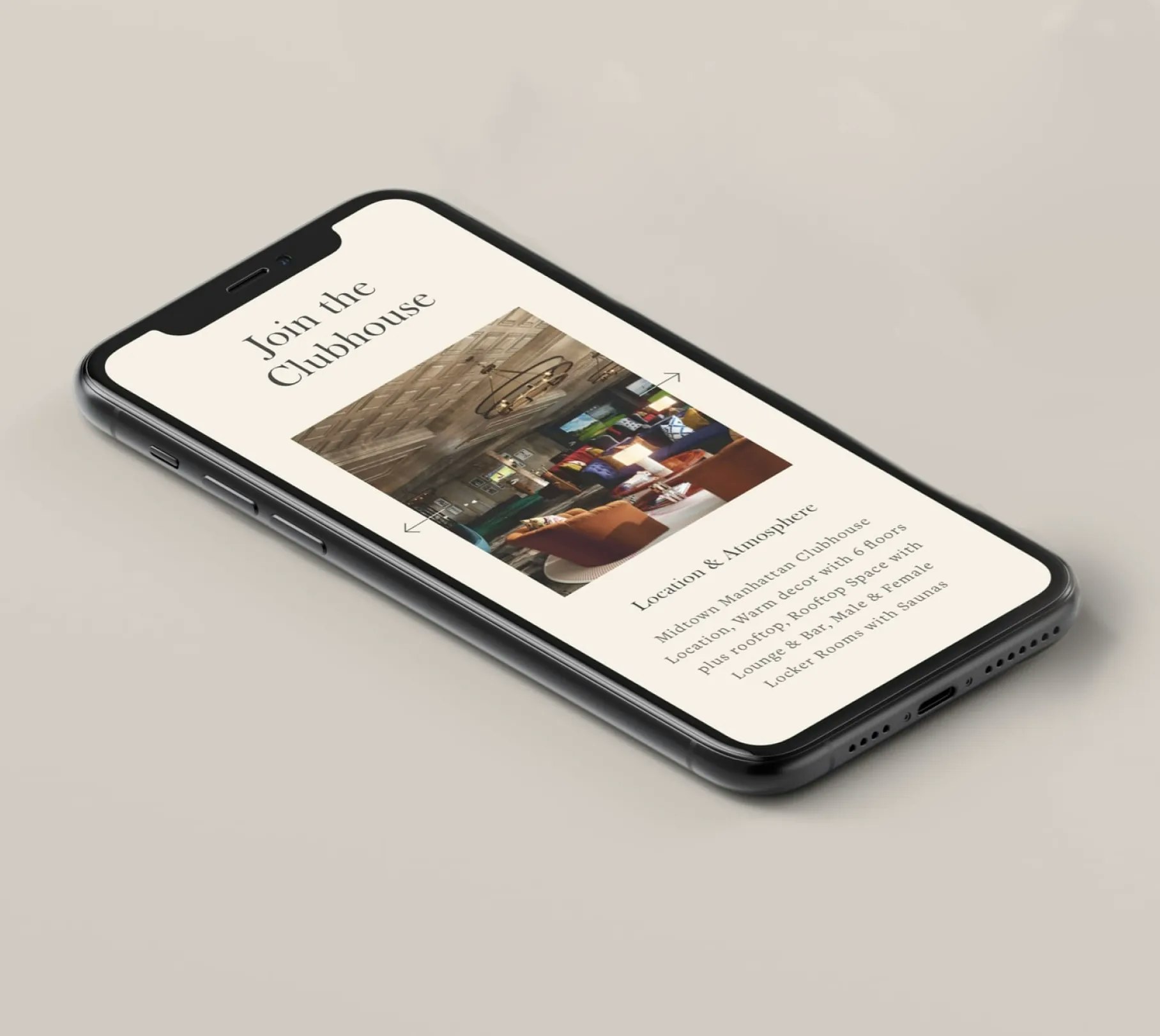 Phone mockup showing MGSC clubhouse page with lounge photo