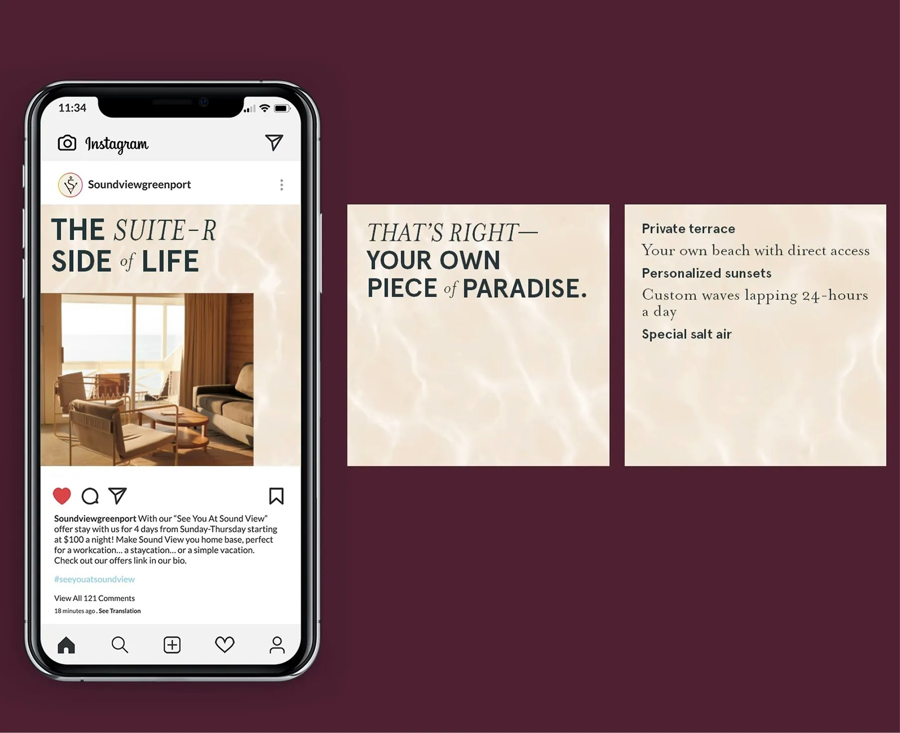 Phone mockup of Sound View Instagram post beside two quote graphic tiles