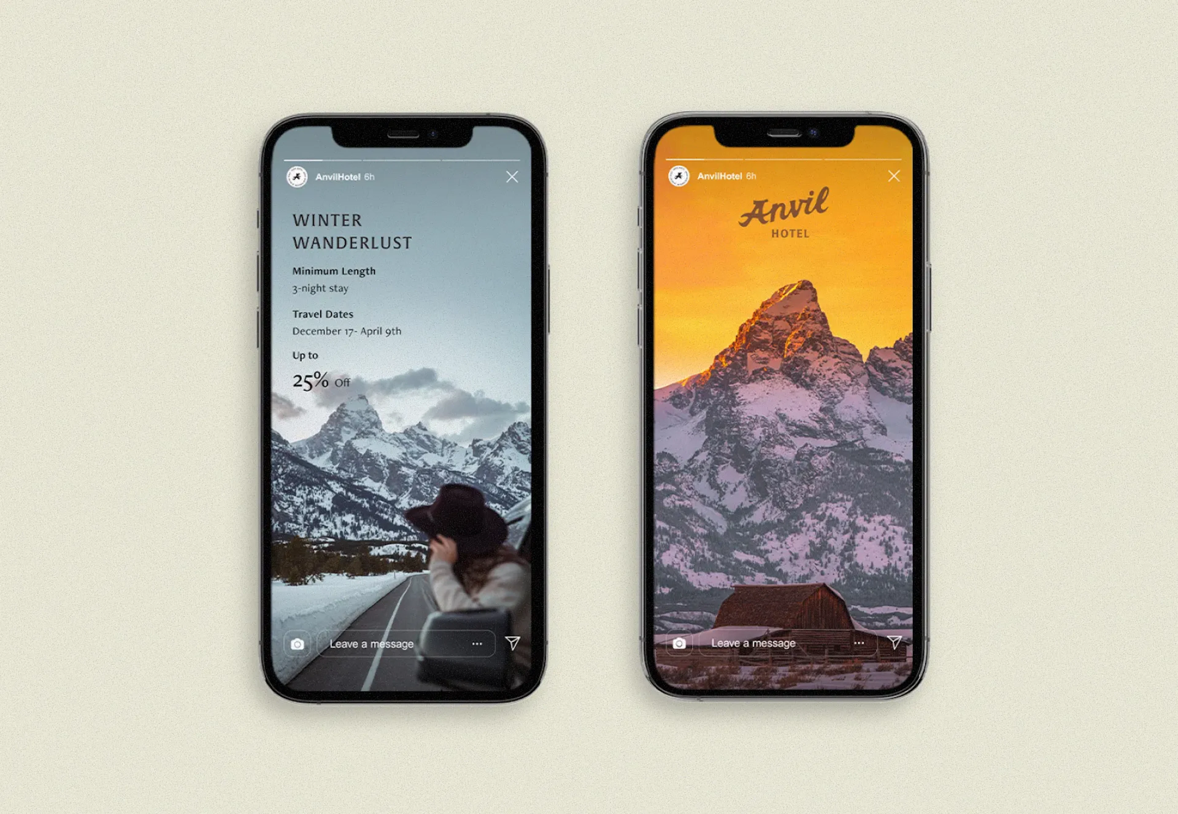 Anvil Hotel Instagram story mockups on two phones