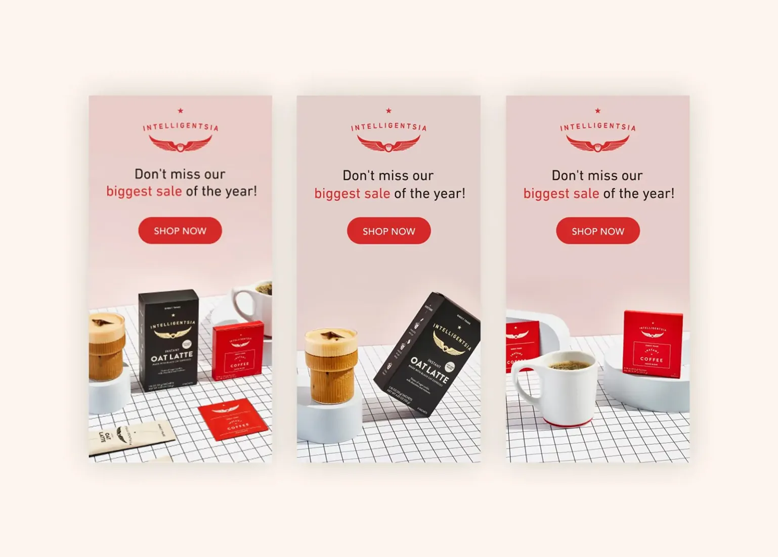 Three phone mockups of an Intelligentsia sale promotion