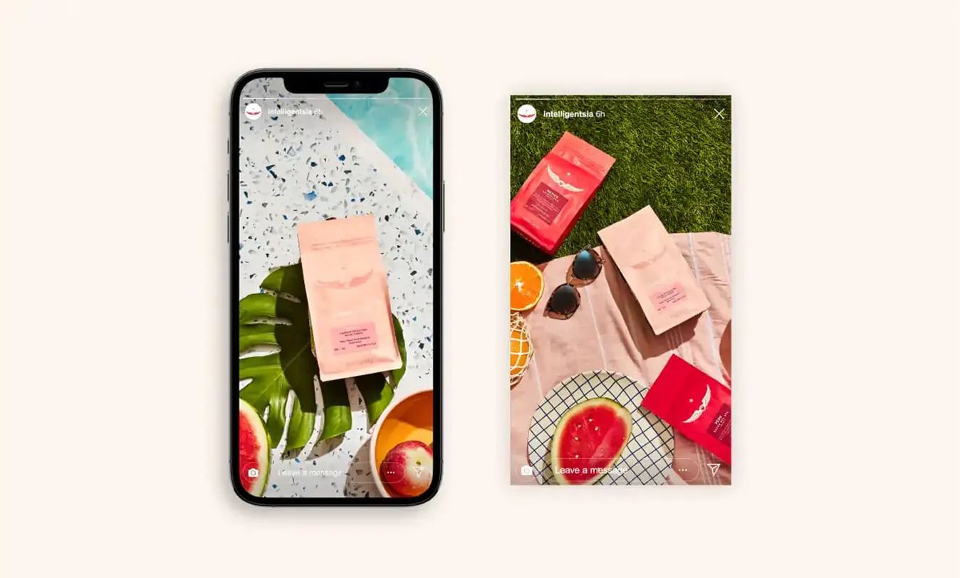 Phone mockup of a coffee bag on a pool-side table beside an Instagram story with the bag on grass