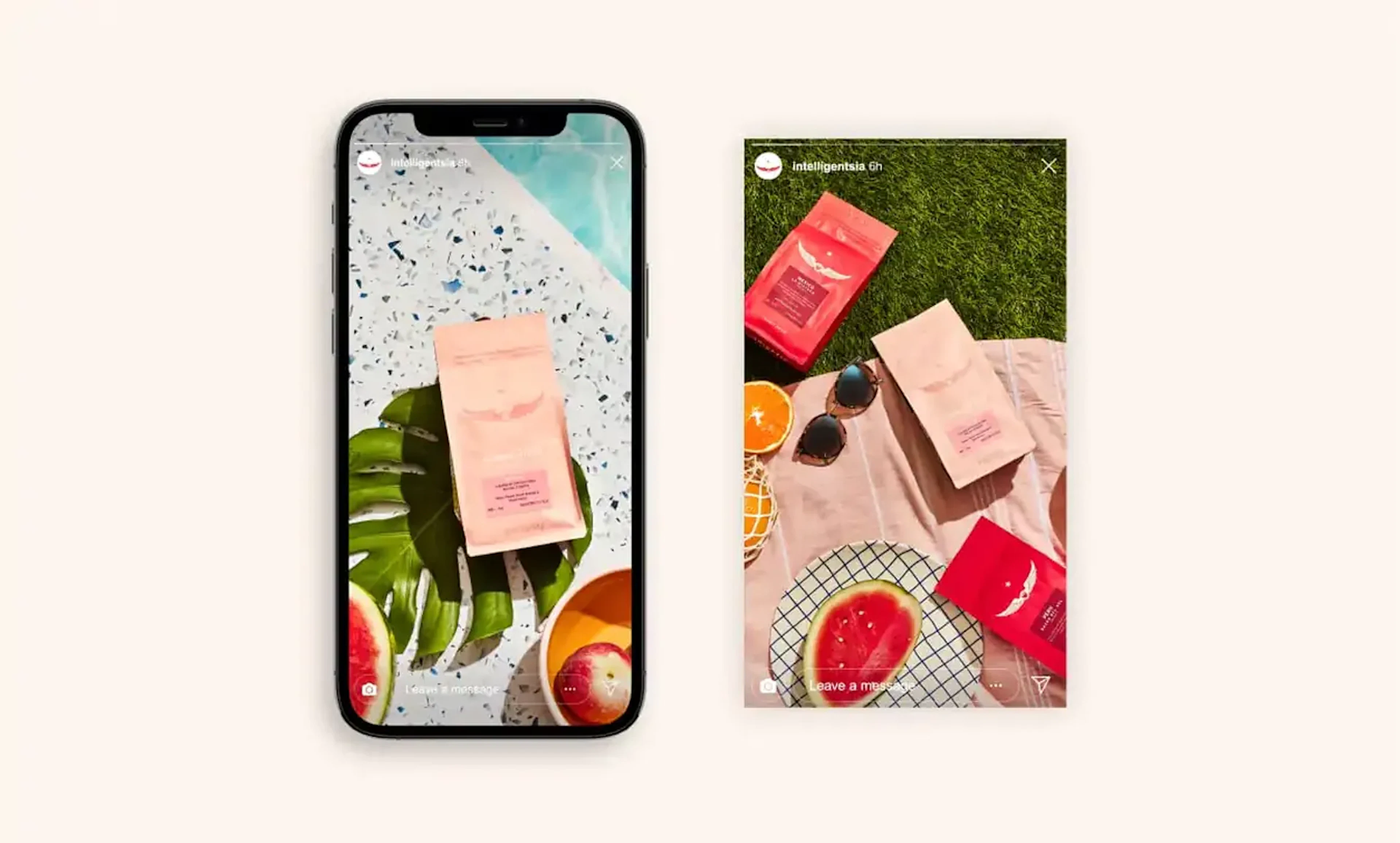 Phone mockup of a coffee bag on a pool-side table beside an Instagram story with the bag on grass
