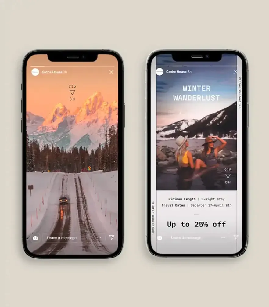 Two phone mockups of Cache House winter promotions