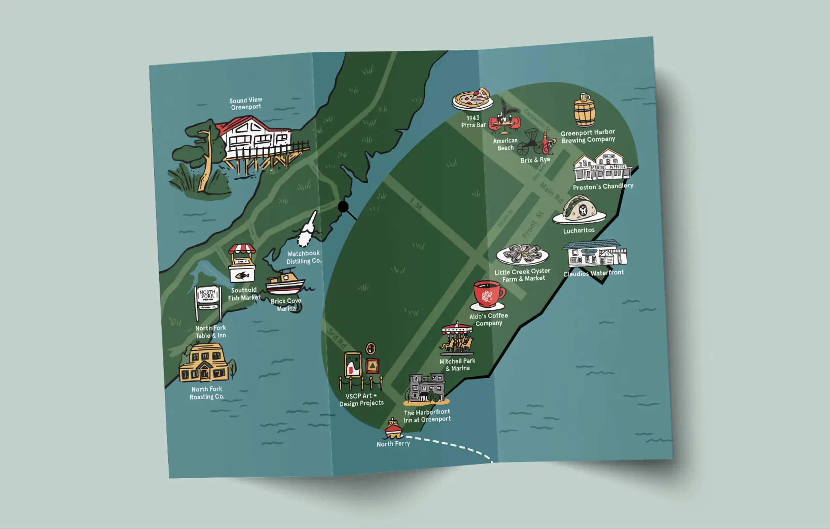 Illustrated map of Greenport with landmark icons