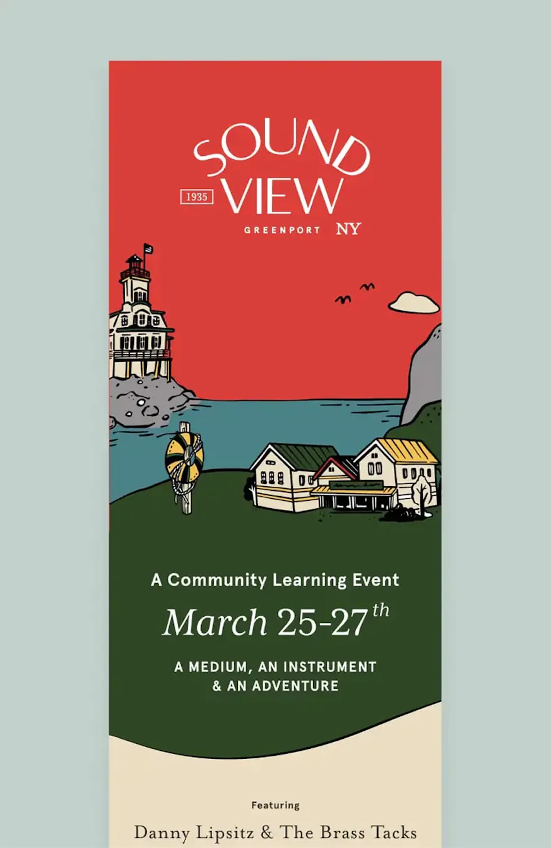 Sound View rack card with illustrated lighthouse scene