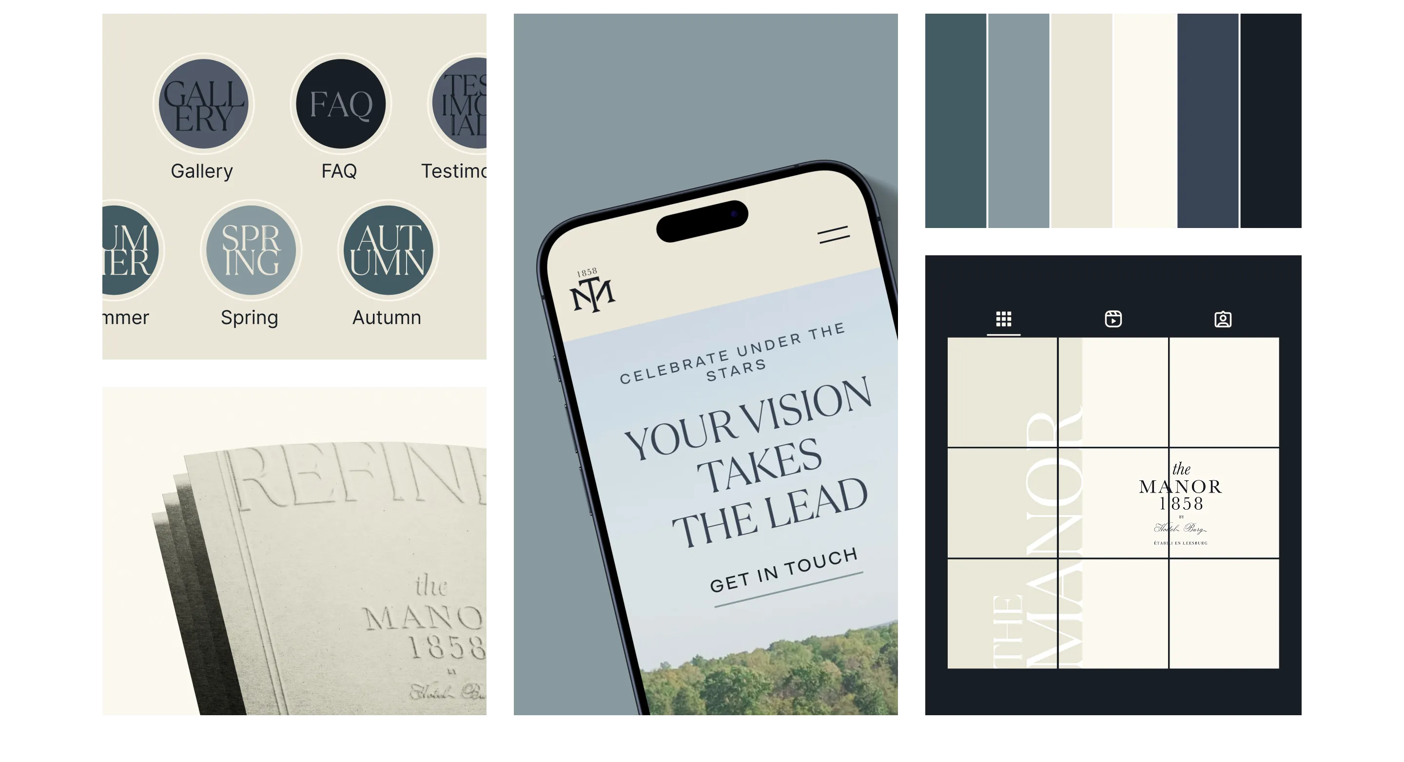 The Manor 1858 branding moodboard with app mockup and color palette