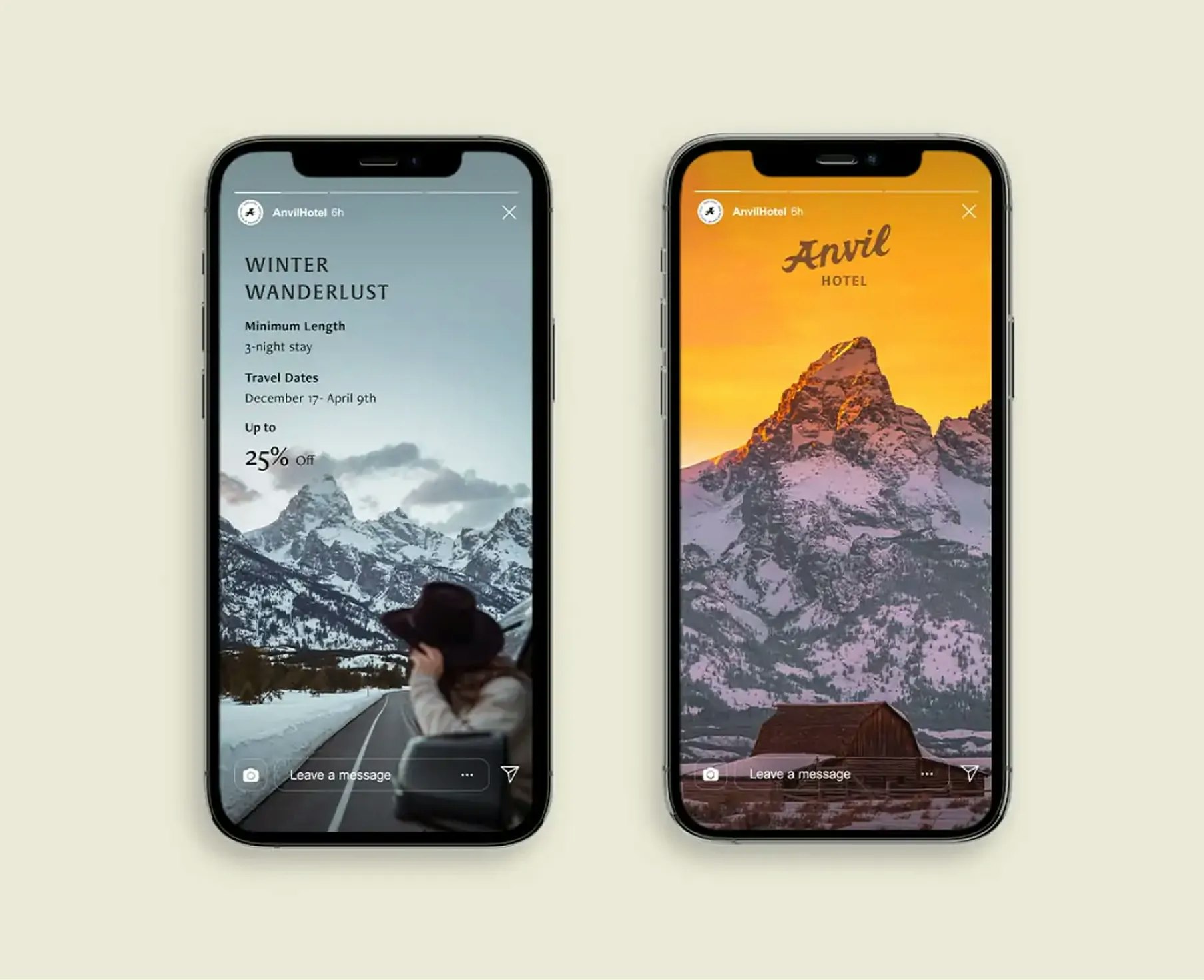 Anvil Hotel Instagram story mockups on two phones