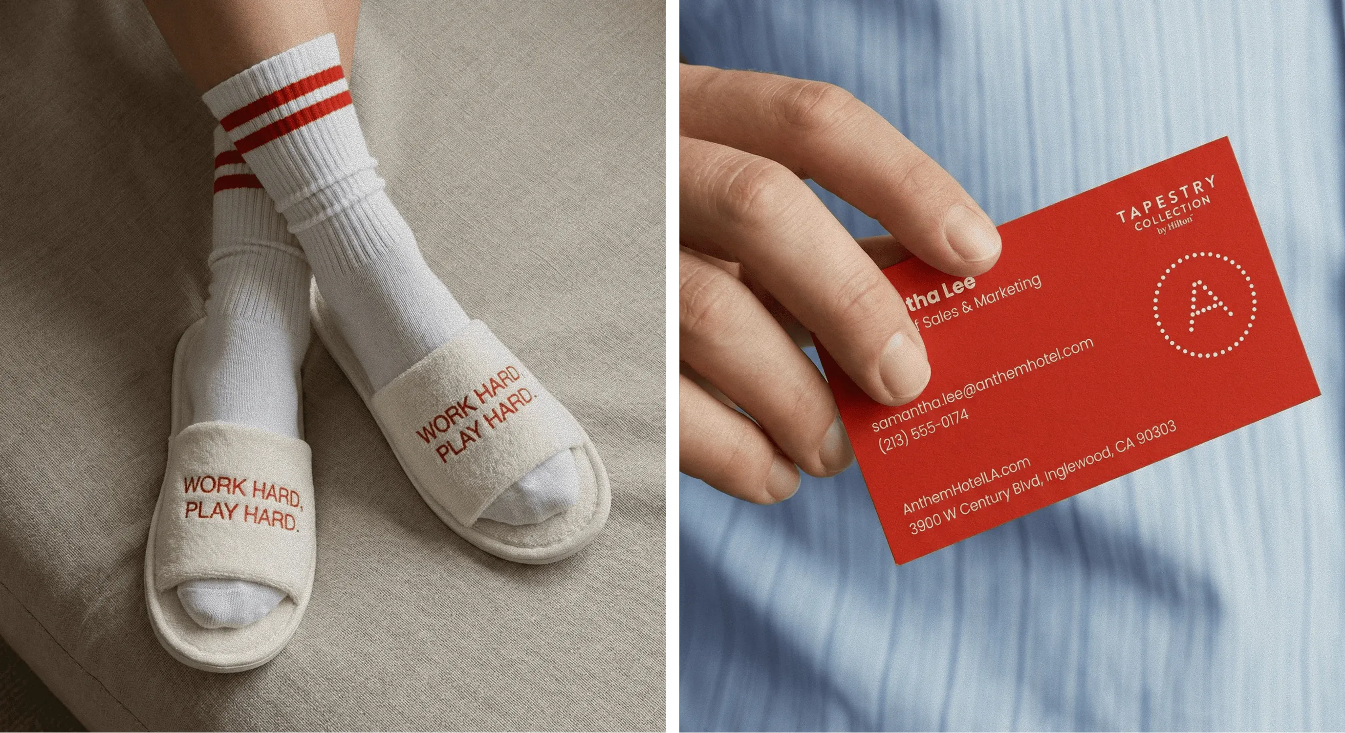 White socks in slides beside hand holding red business card