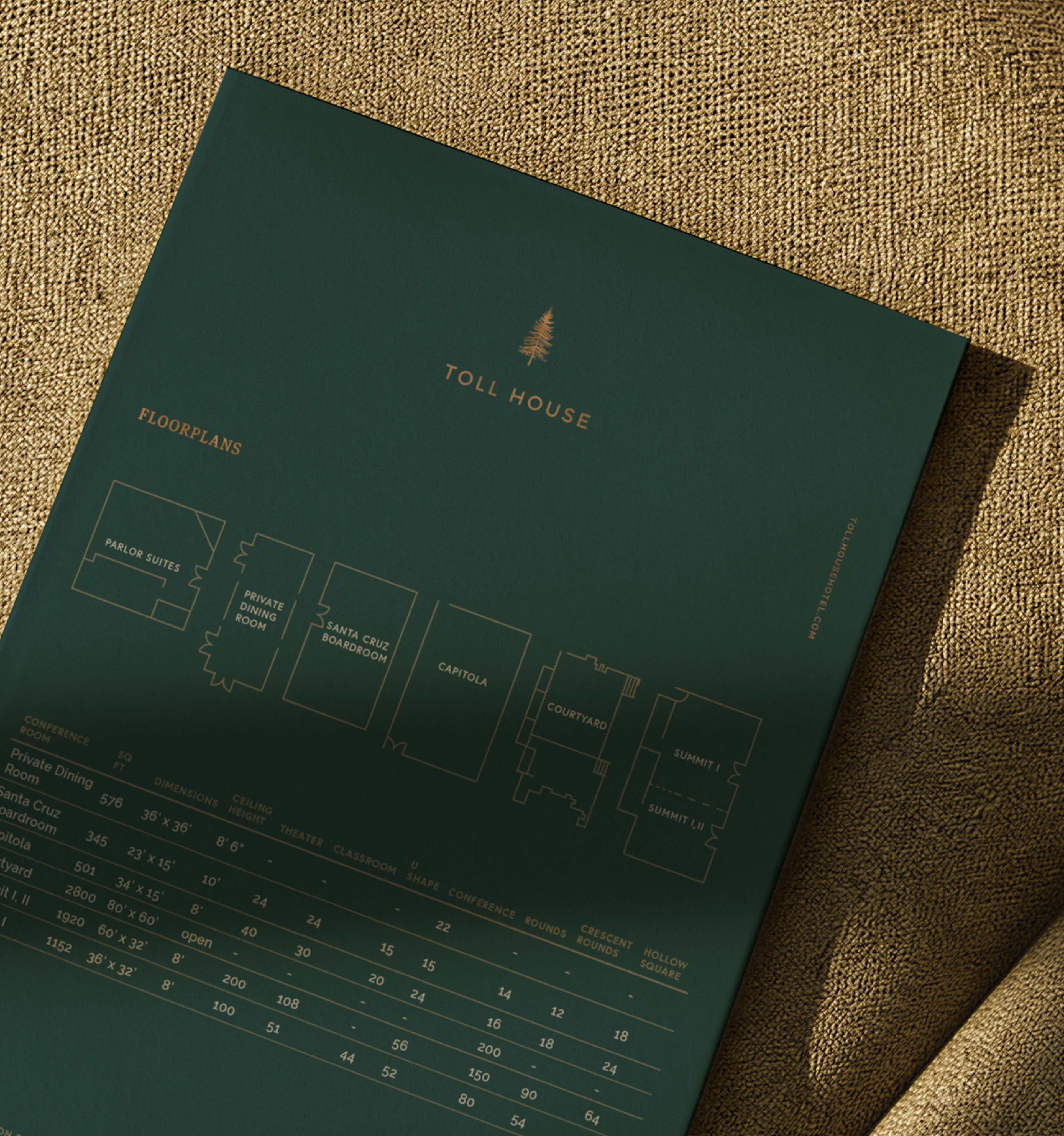A top down view of the toll house floor plan of a hotel room sitting on a green tinged beige cushion