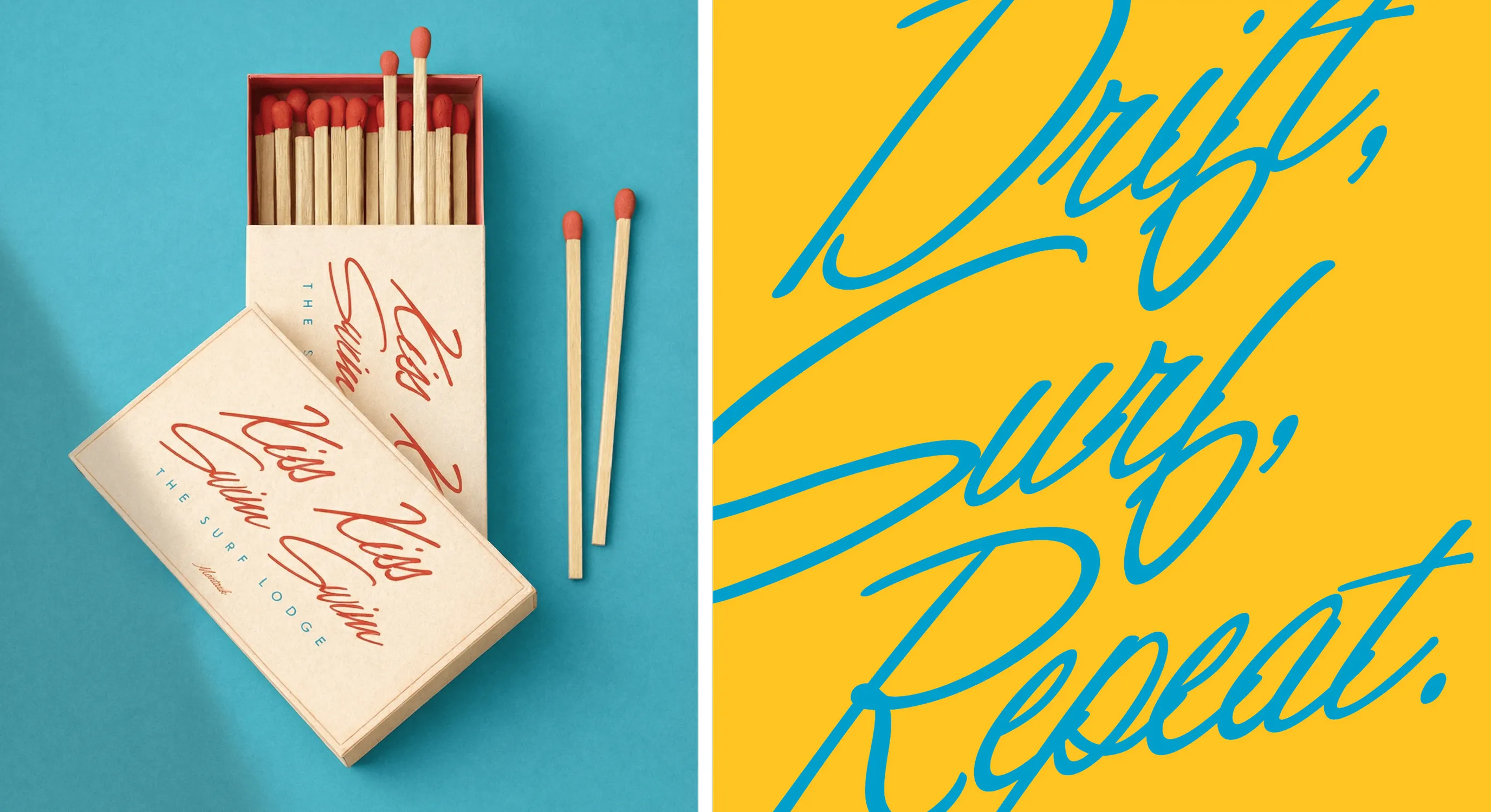 Split image of an open matchbox with red matches, and blue 'Drift, Surf, Repeat' script on yellow