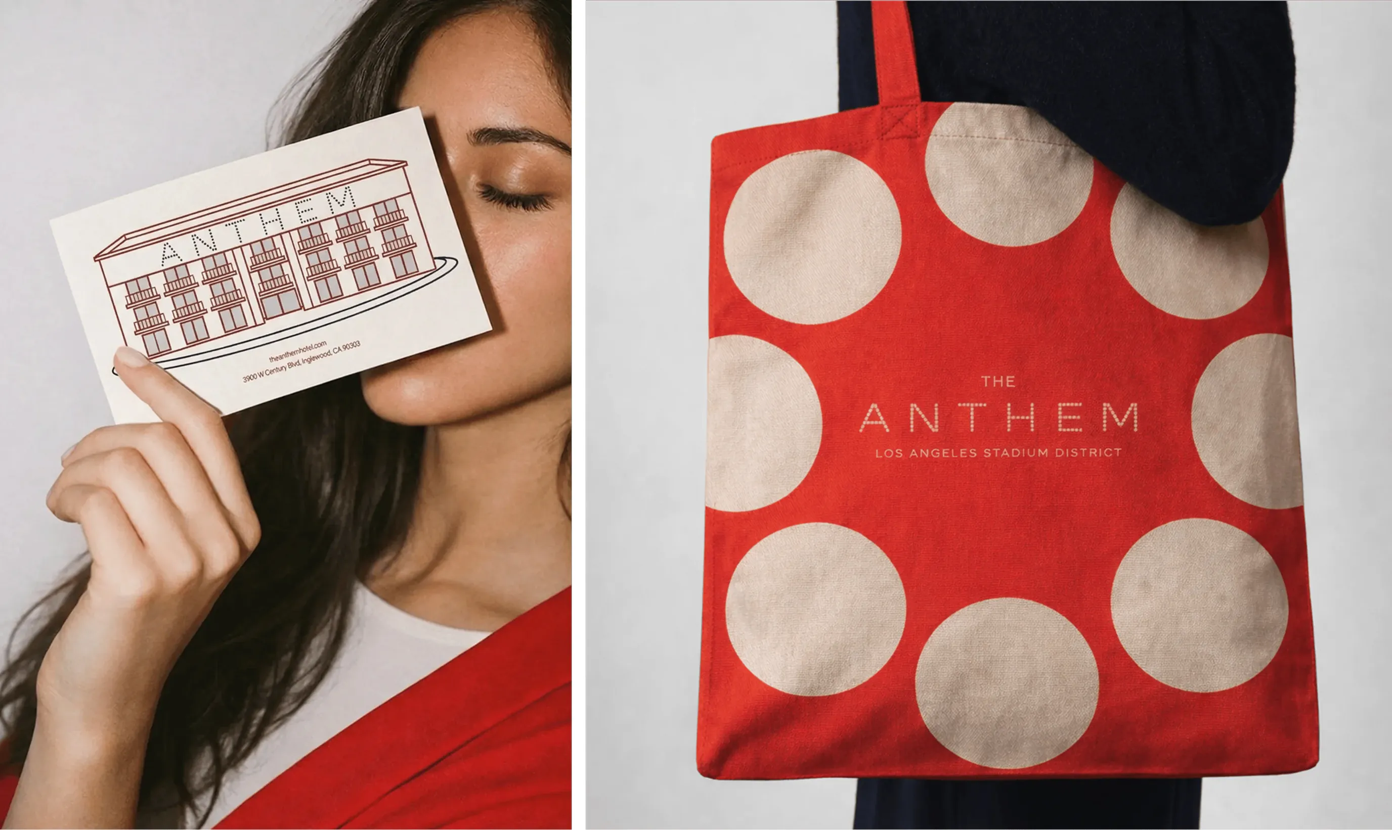 Woman holding postcard beside red polka dot tote bag