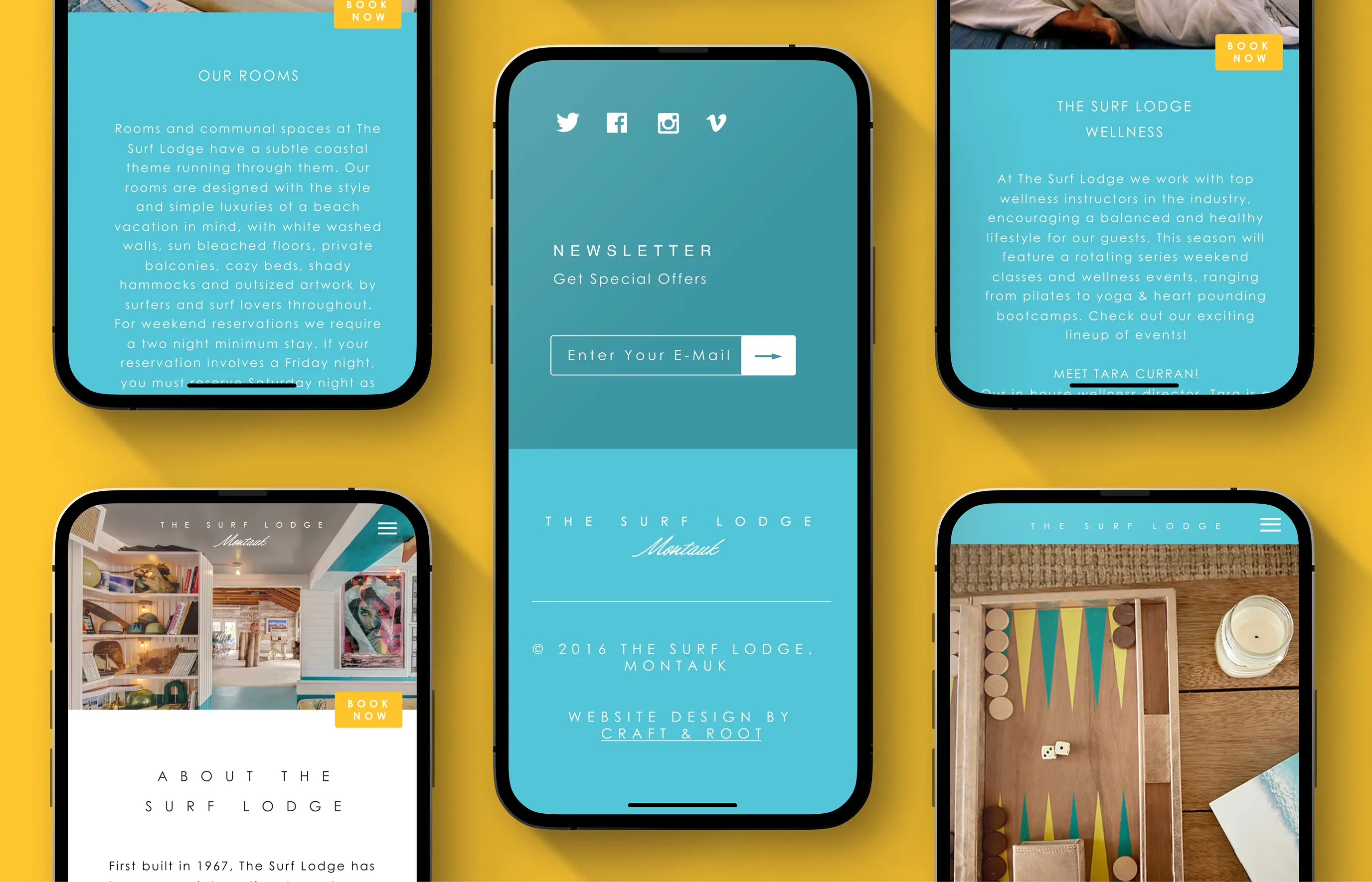Five phone mockups of The Surf Lodge website on a yellow background