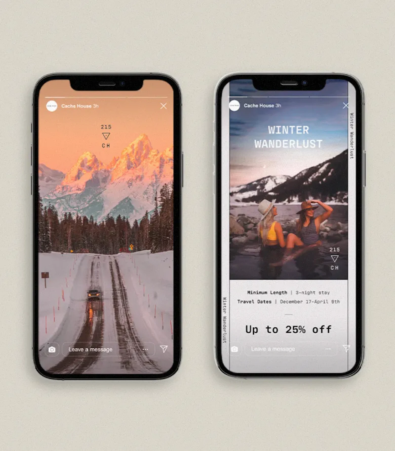 Two phone mockups of Cache House winter promotions