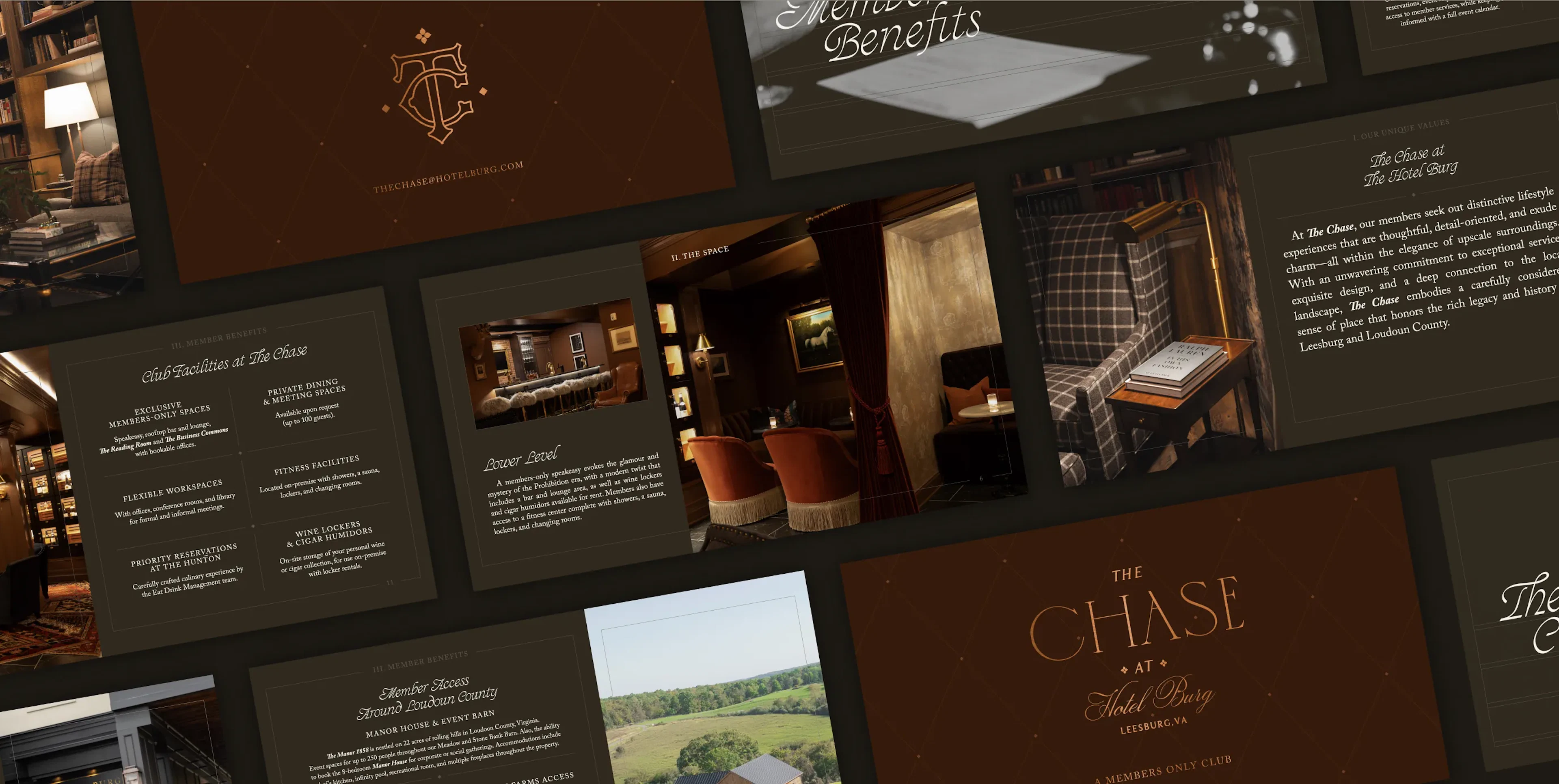 The Chase at Hotel Burg brand moodboard collage in dark brown tones