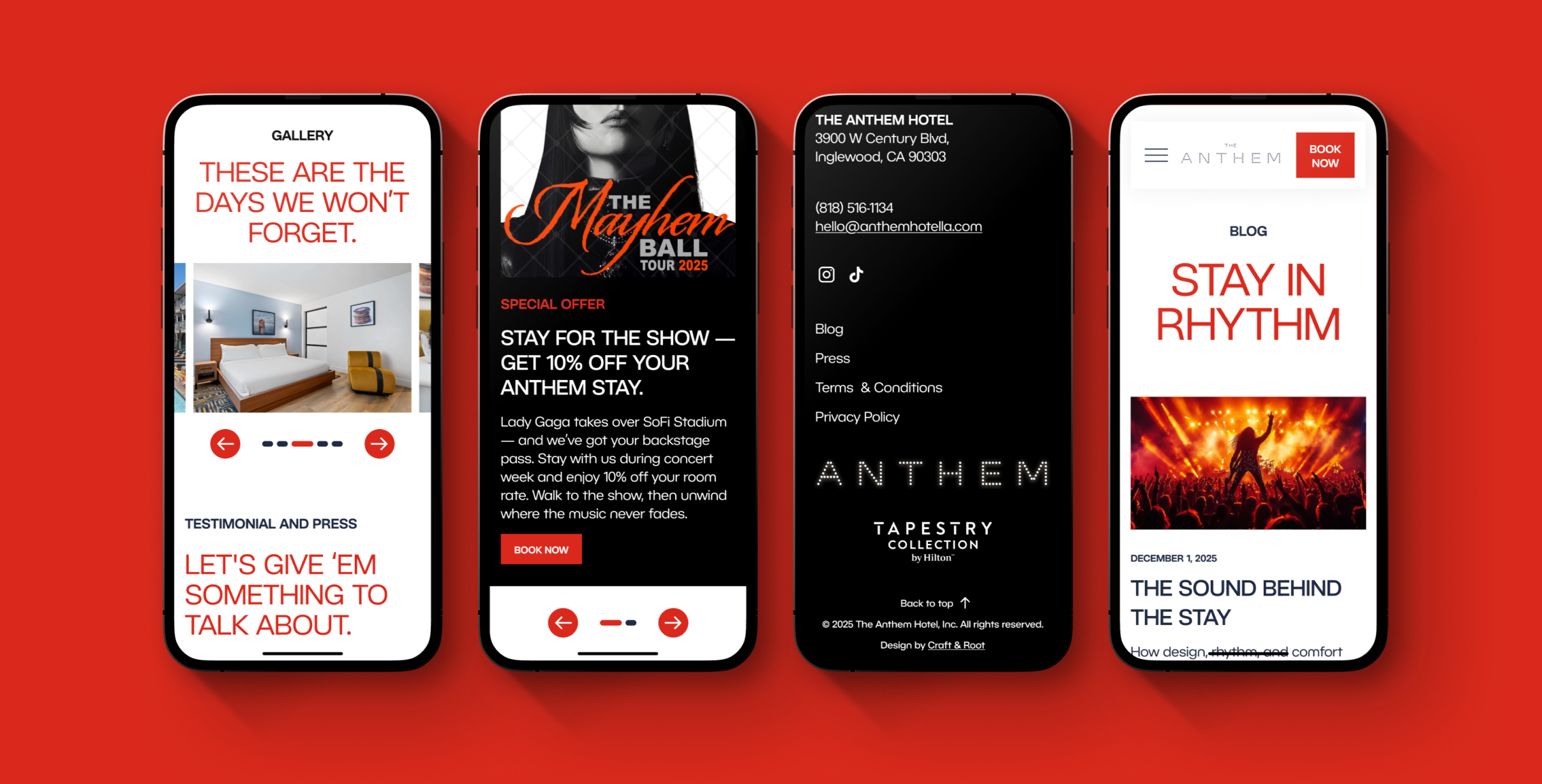 4 flat lay mobile phones on top of a red background showcasing different website pages for The Anthem Hotel