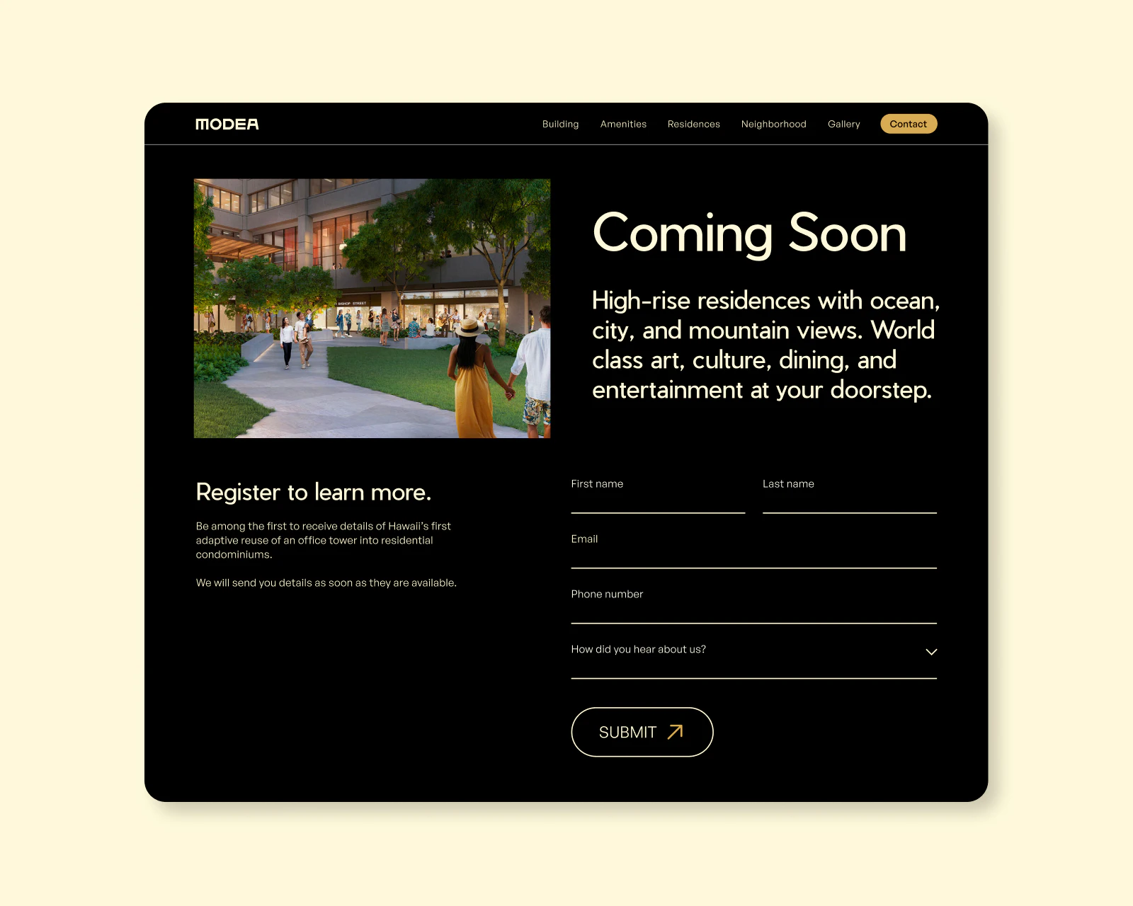 A Modea Coming Soon webpage featuring a lush courtyard rendering of the tower, with a registration form inviting early interest in Hawaii's first office-to-residential conversion.