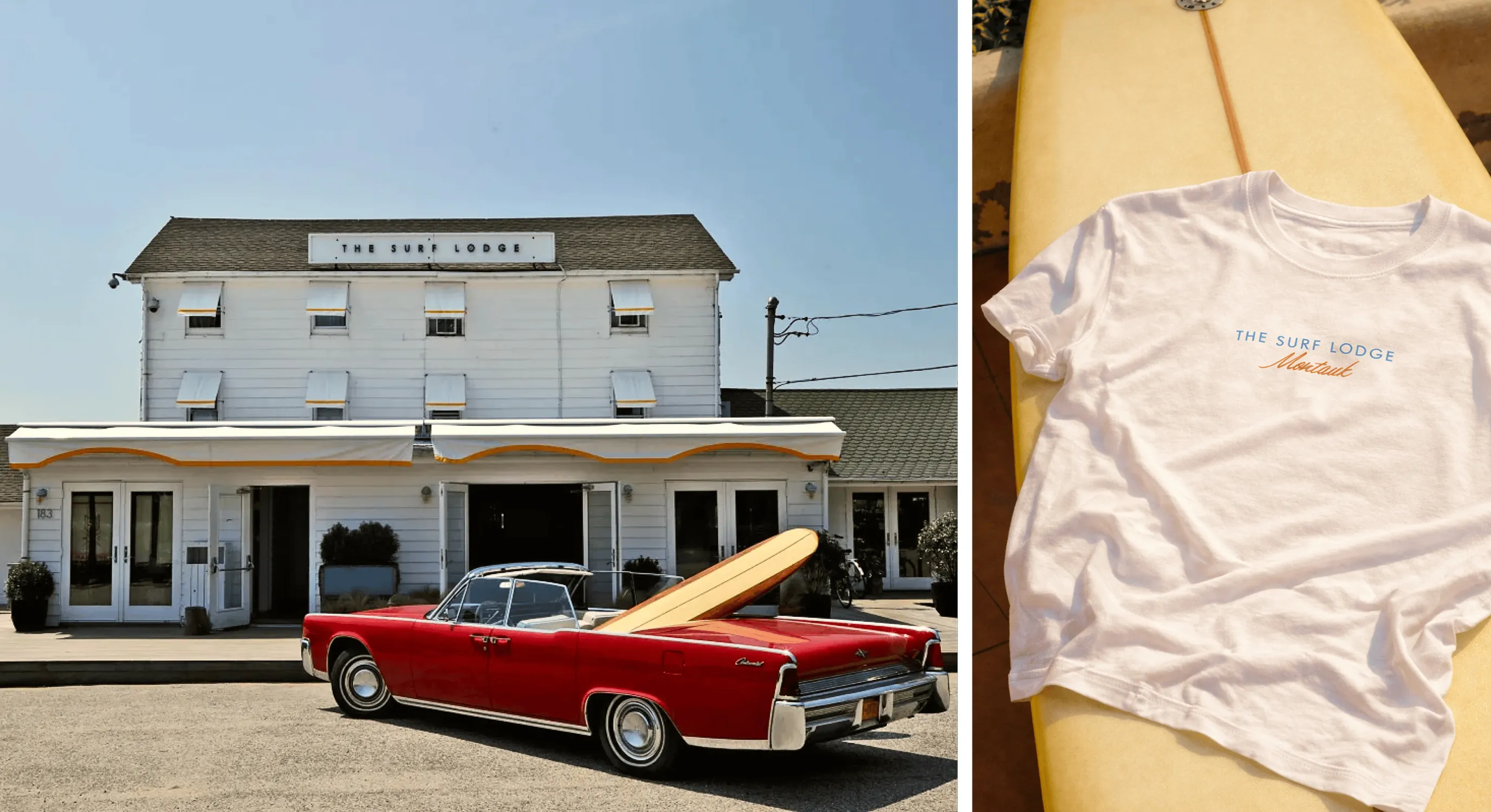 Split image of The Surf Lodge building exterior with red convertible, and branded t-shirt on a surfboard