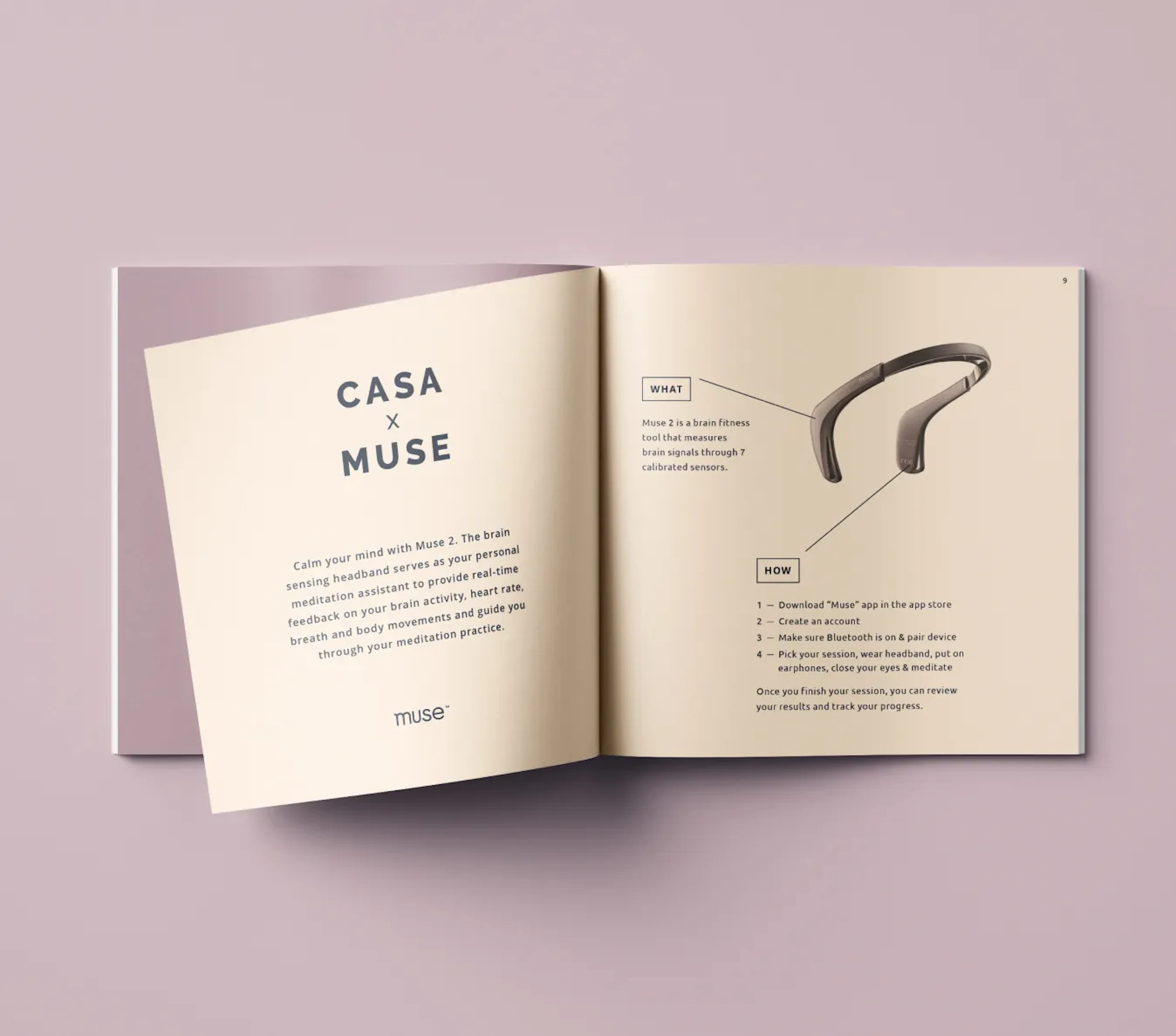 Open Casa x Muse booklet spread with headband illustration