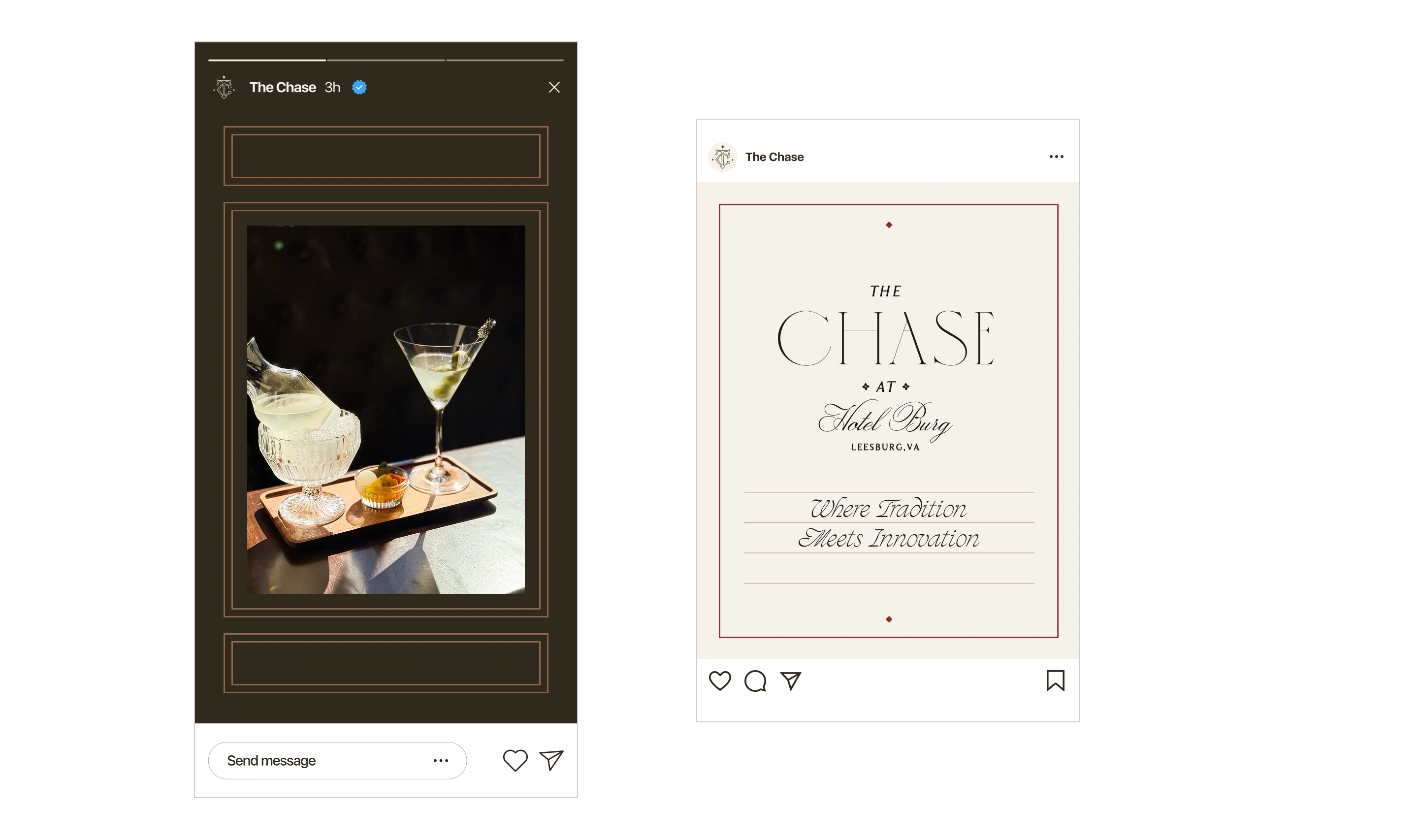 The Chase Instagram post and story mockups with a cocktail photo