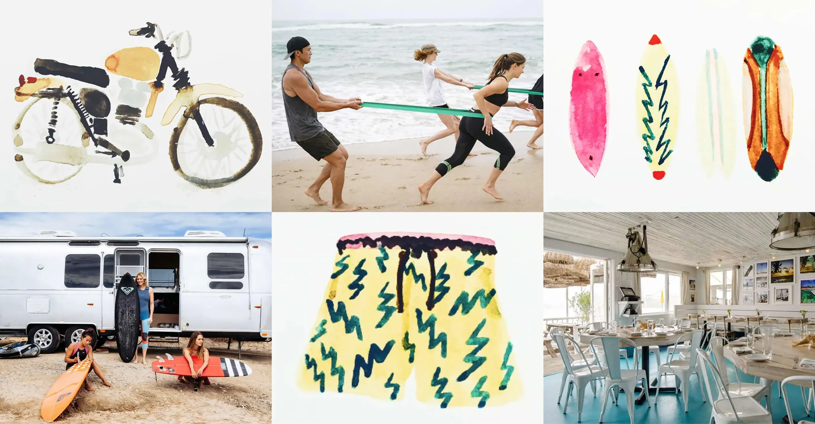 Grid of illustrations and photos: bicycle, beach tug of war, surfboards, RV, patterned shorts, and restaurant interior