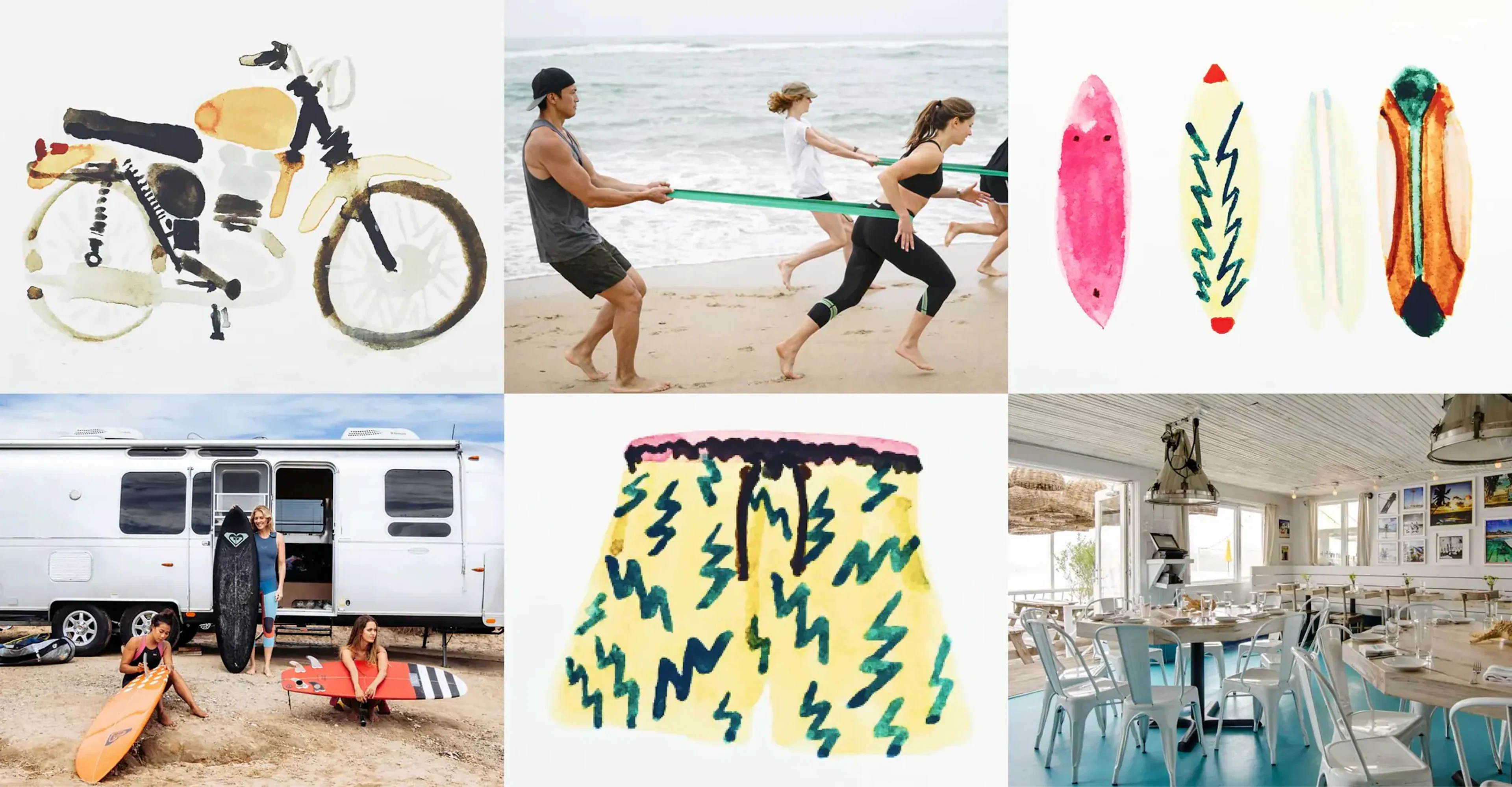 Grid of illustrations and photos: bicycle, beach tug of war, surfboards, RV, patterned shorts, and restaurant interior