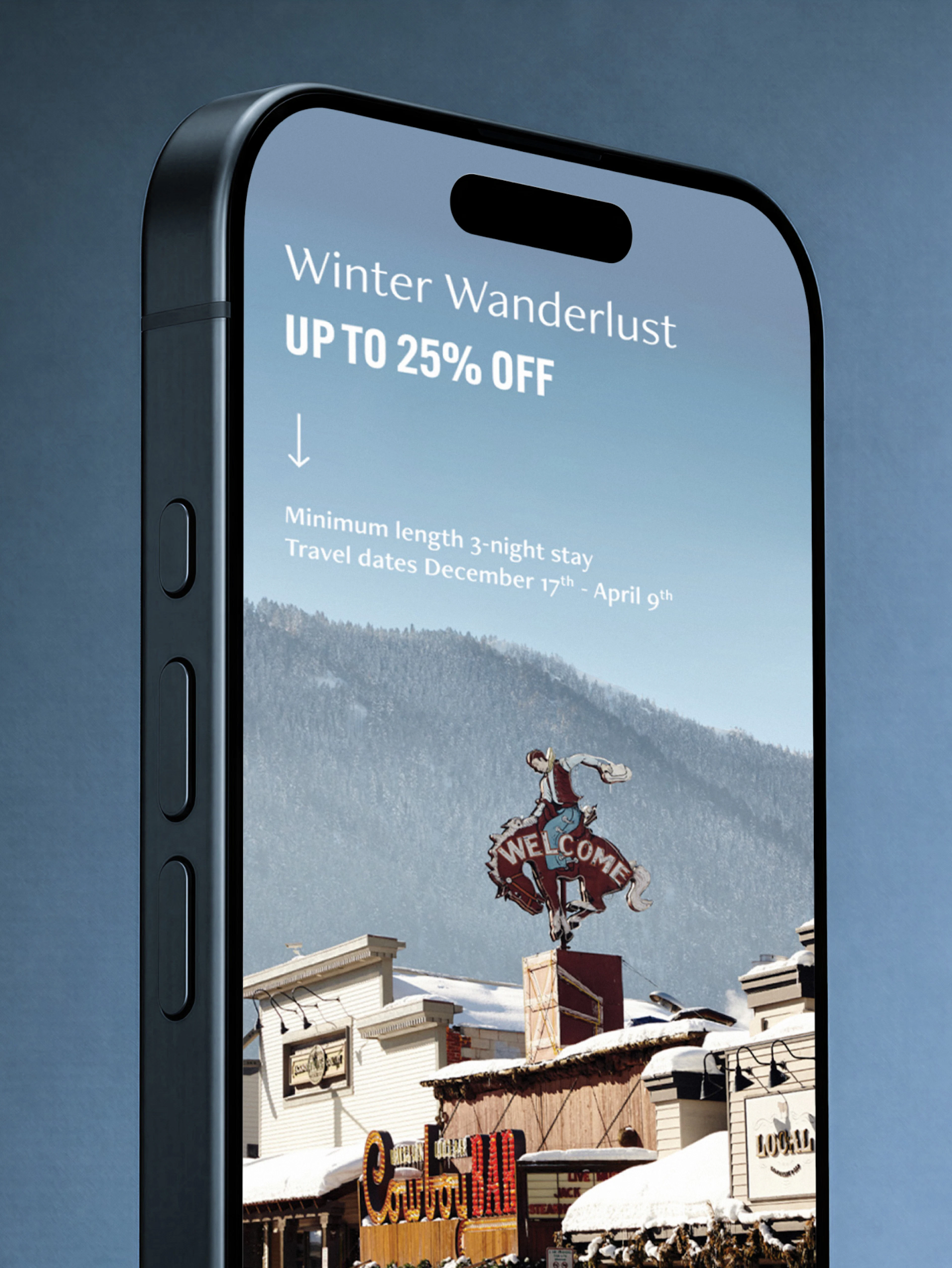 A cell phone in front of a blue background depicting an instagram post for 20% off a hotel package 