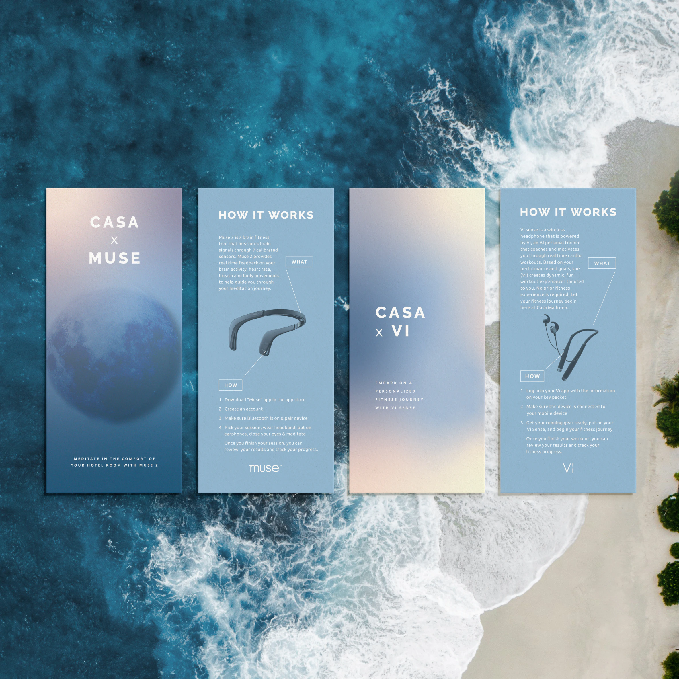 Flat lay tall brochure designs (4) on top of an ocean and beach image. The brochures are advertising a fitness headset the Casa Madona hotel offers with each stay