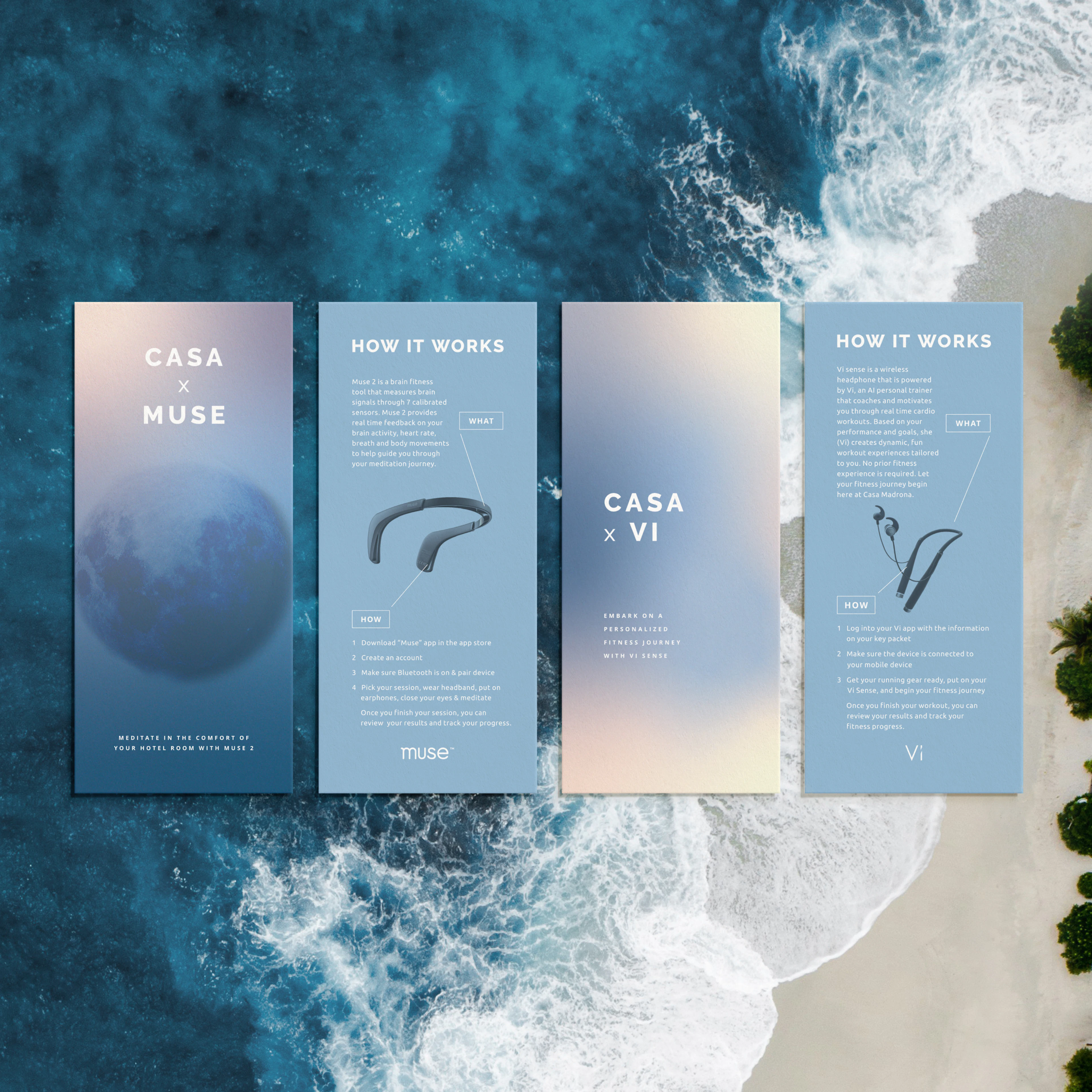 Flat lay tall brochure designs (4) on top of an ocean and beach image. The brochures are advertising a fitness headset the Casa Madona hotel offers with each stay