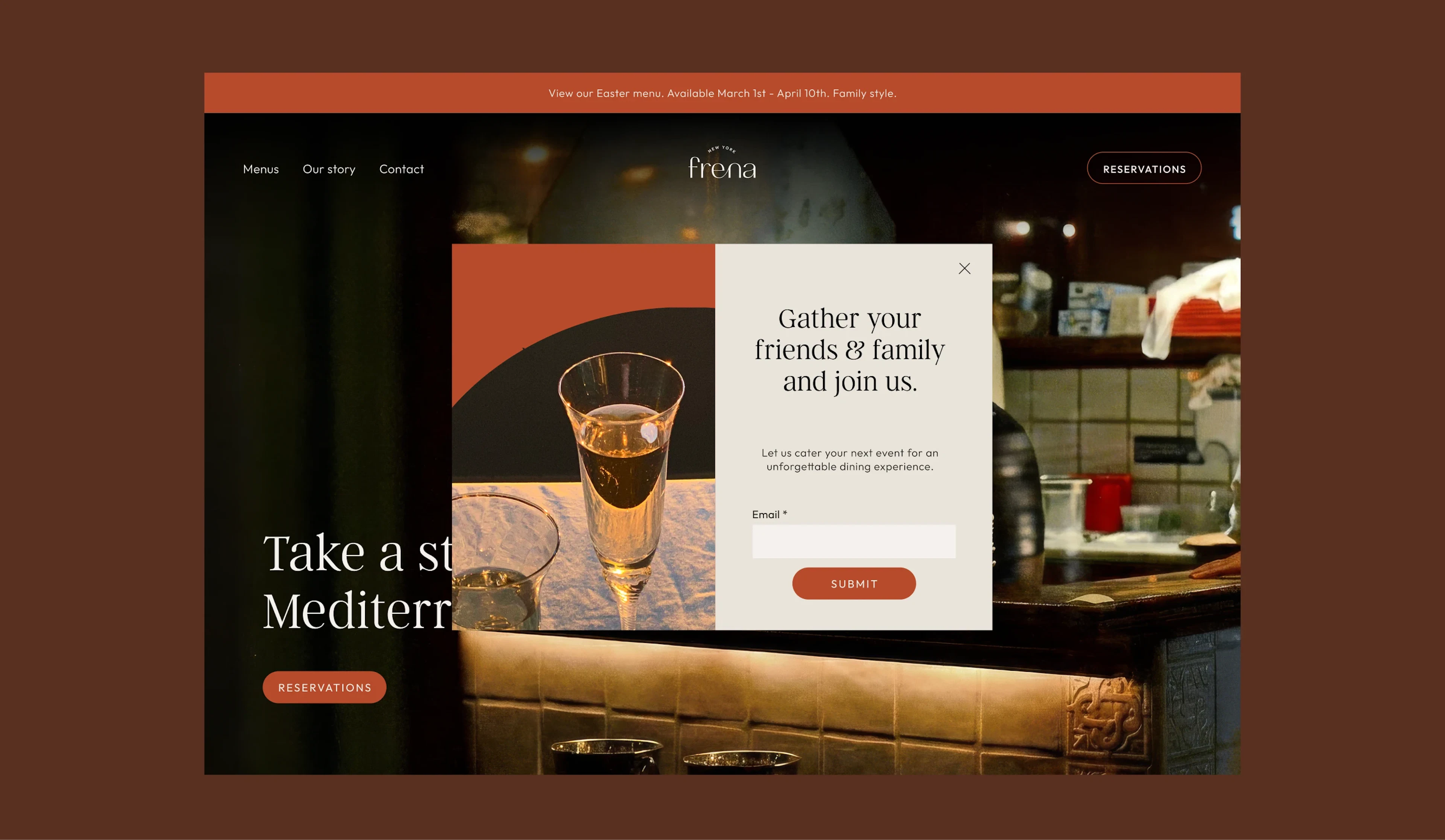 Frena website mockup with a newsletter signup popup over a bar photo