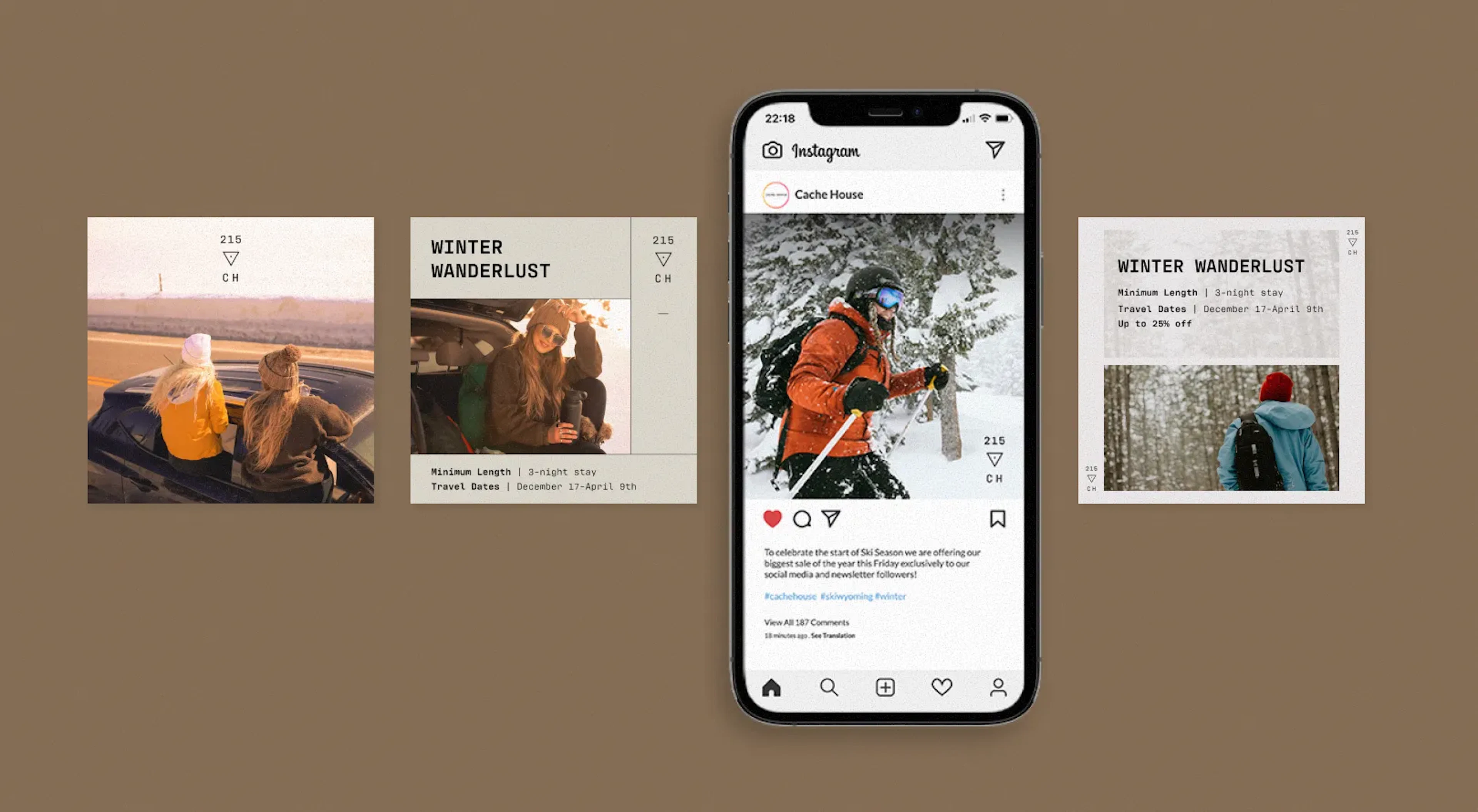 Cache House Instagram posts with phone mockup on tan background