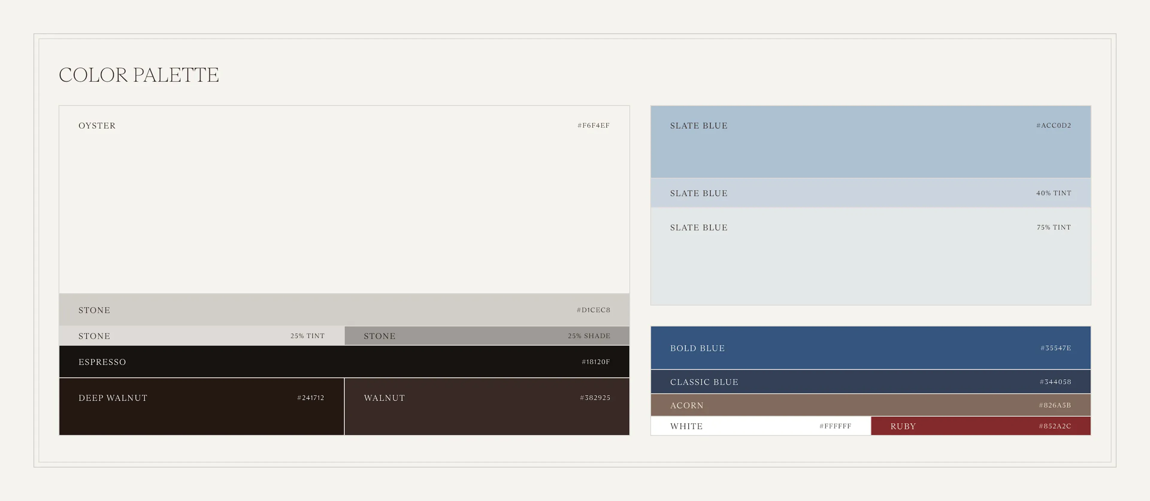 Color palette swatches with named hex codes