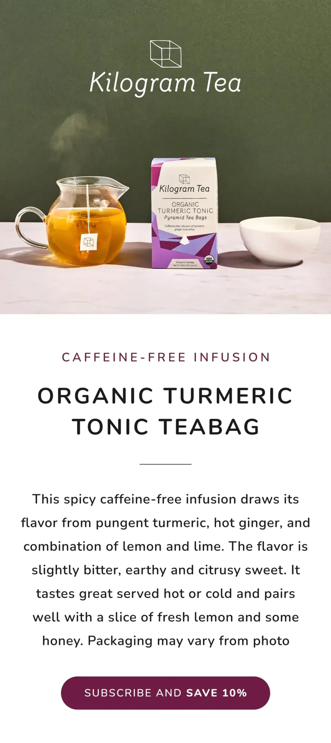 Kilogram Tea webpage for Organic Turmeric Tonic teabags with product box and glass teapot