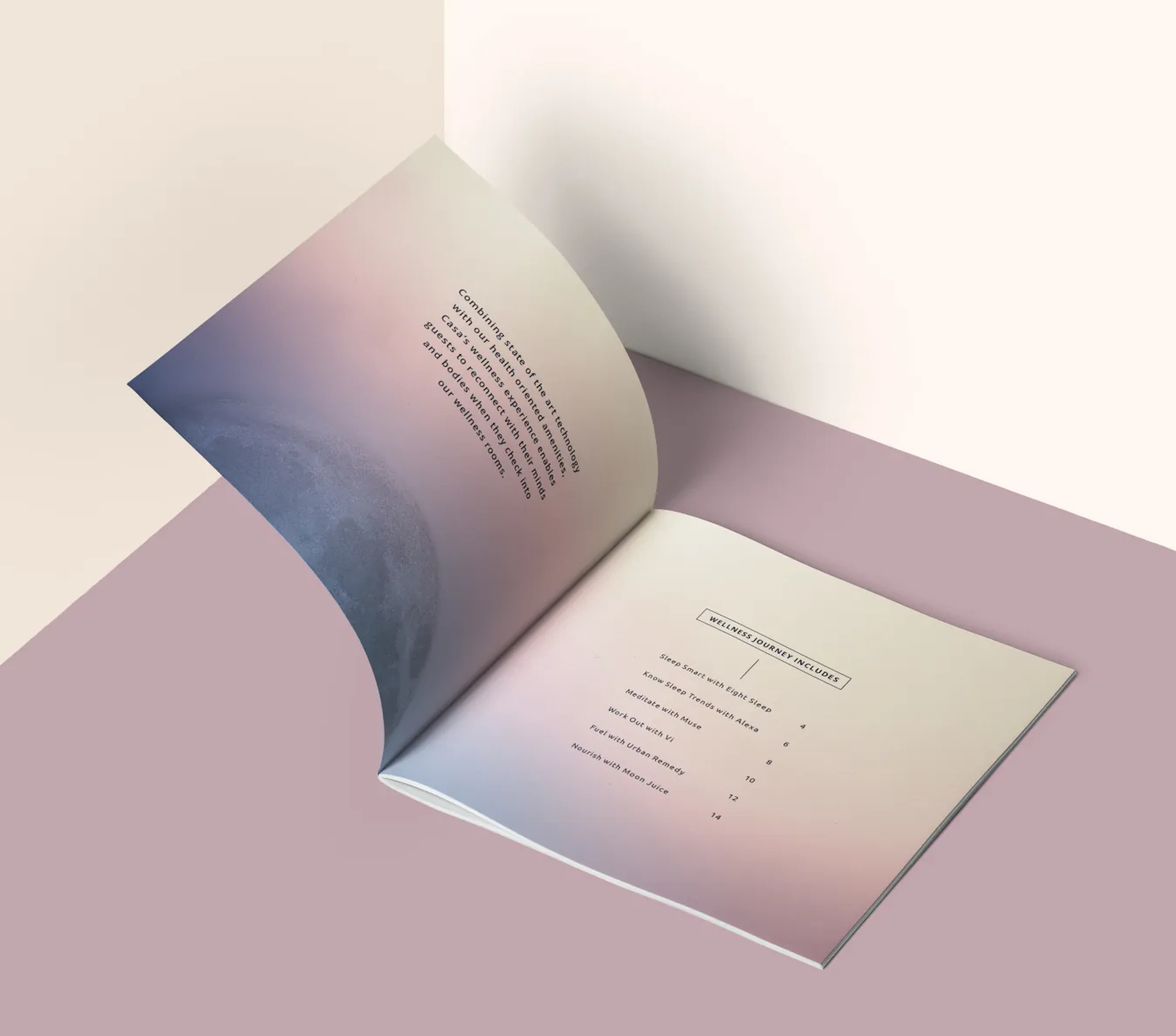 Open booklet with gradient cover and text page on a pink surface