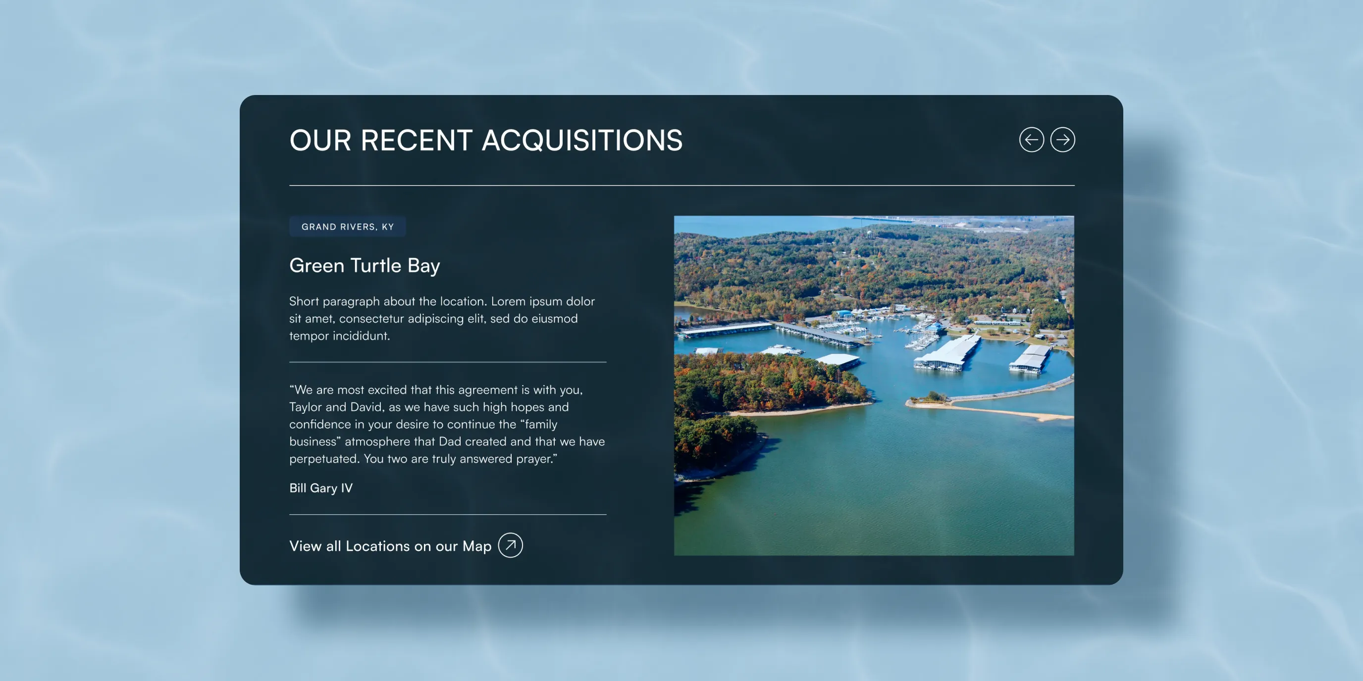 Image of a section of the website sitting on top of a body of water with subtle light reflection