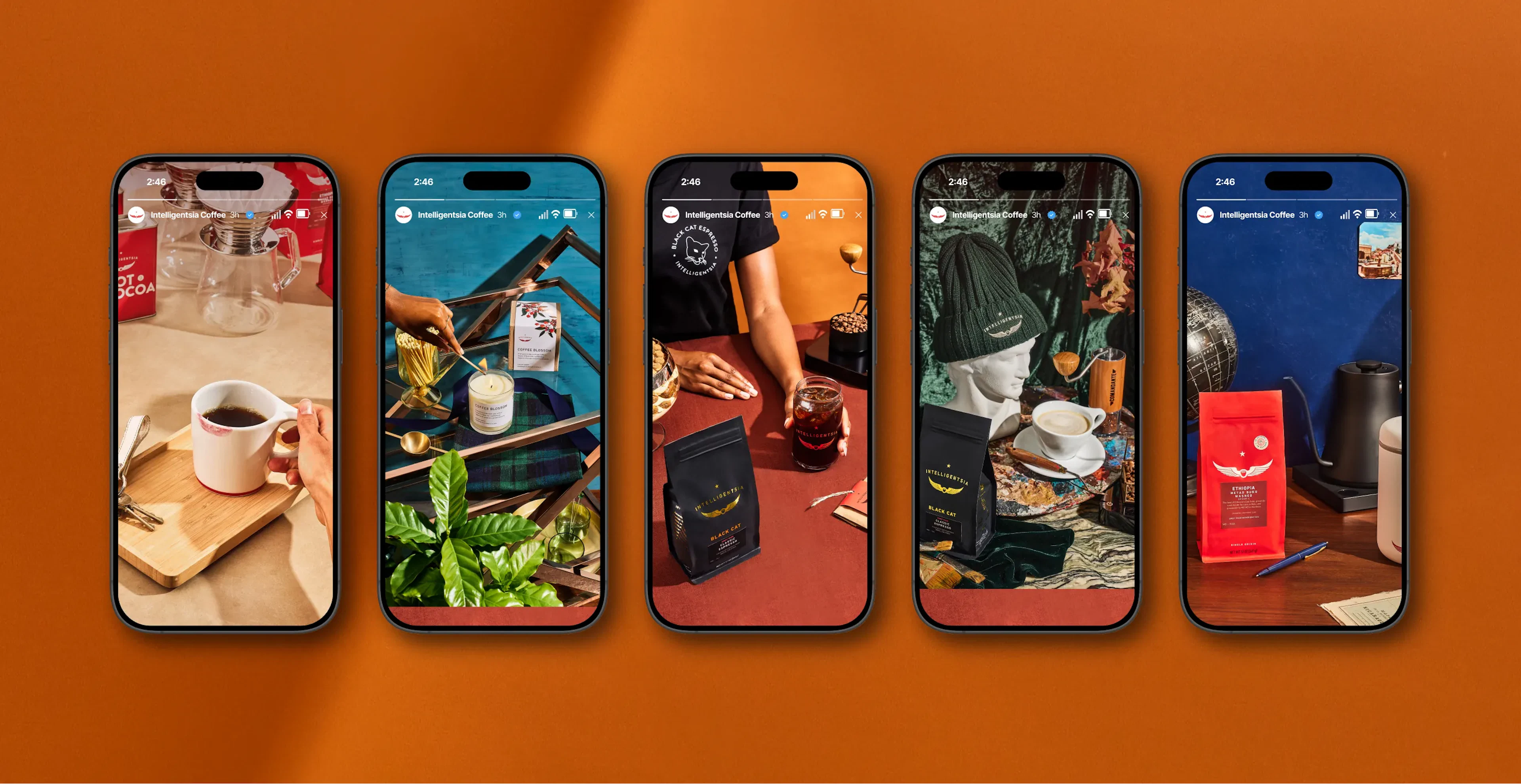 Five phone screens showing Intelligentsia Instagram stories on an orange background