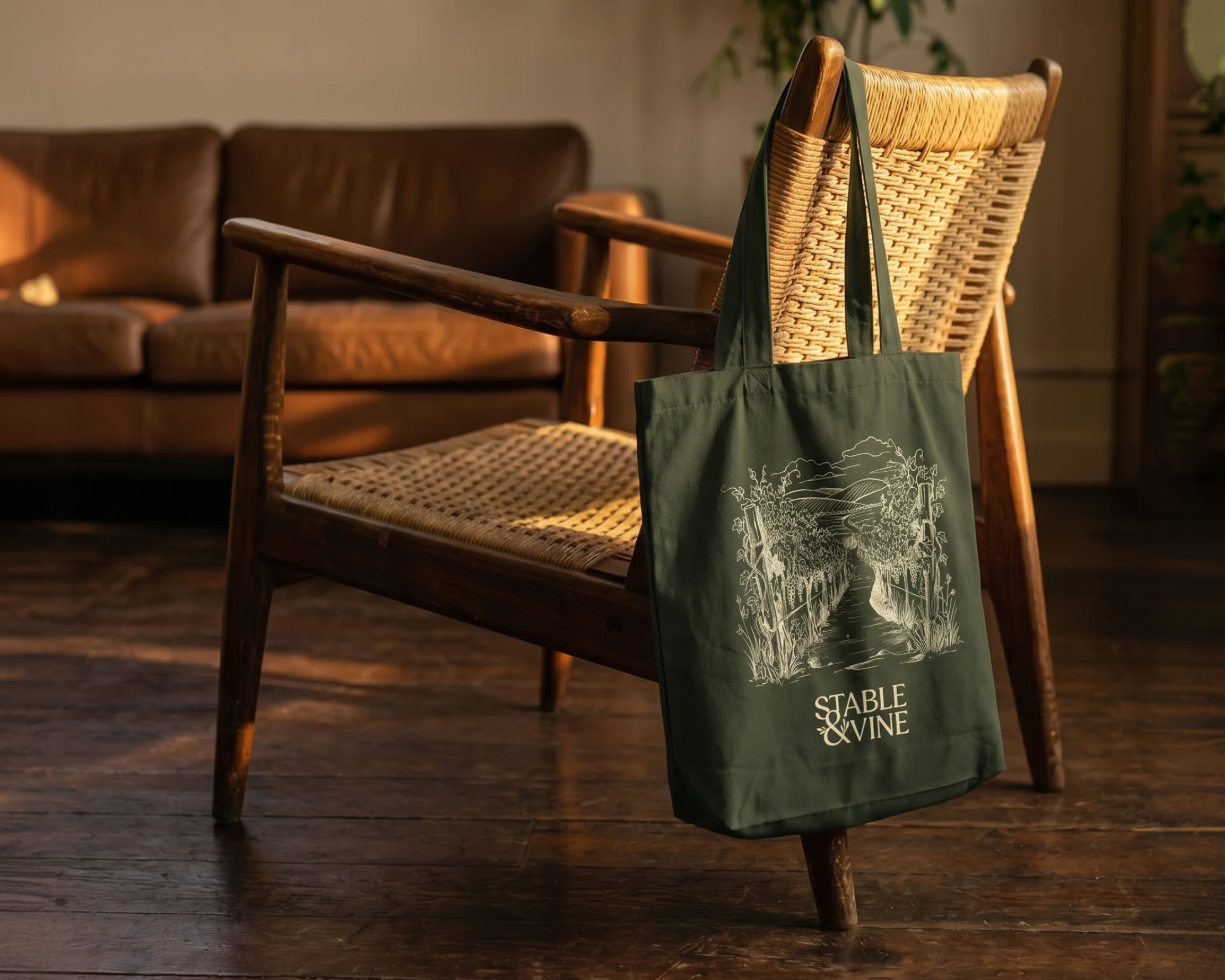 Stable & Vine tote bag hanging on woven-back chair
