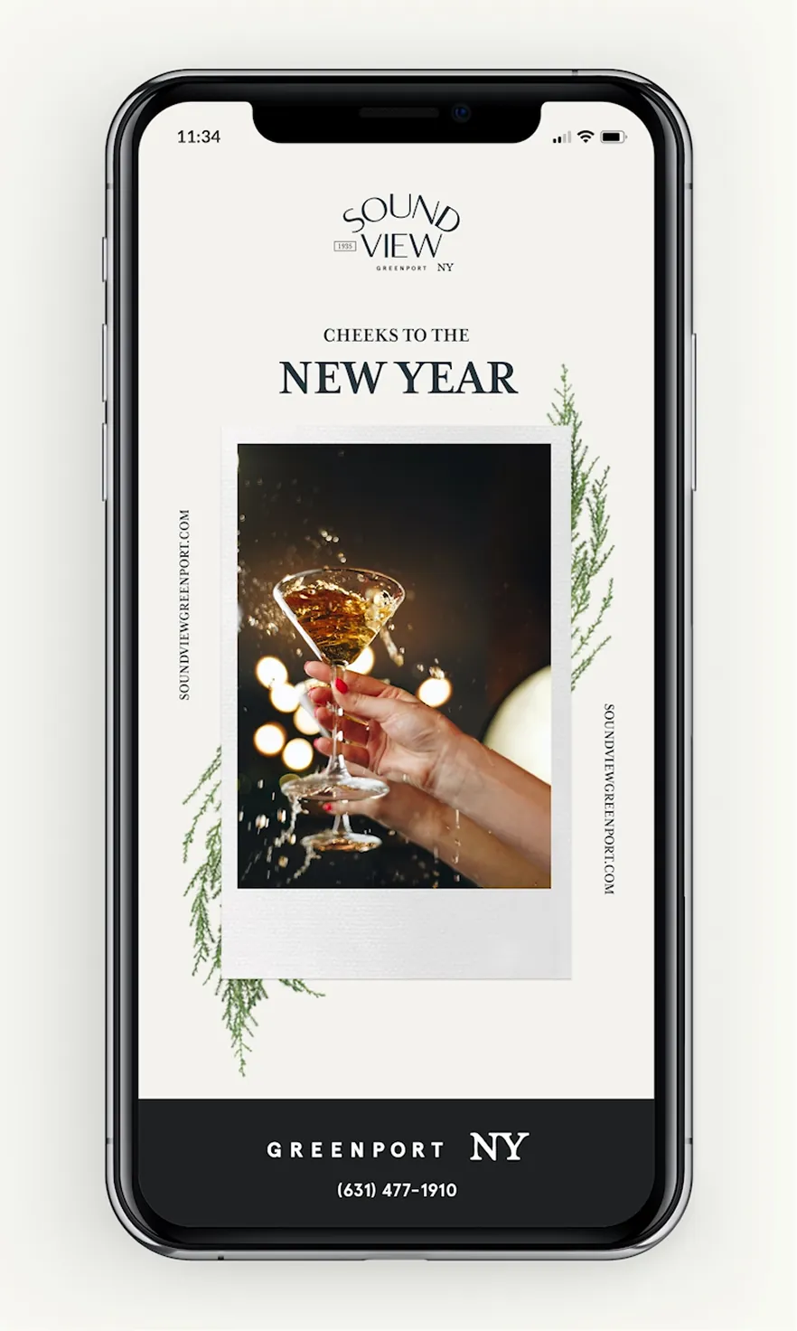 Phone mockup of Sound View New Year cocktail social graphic on maroon background